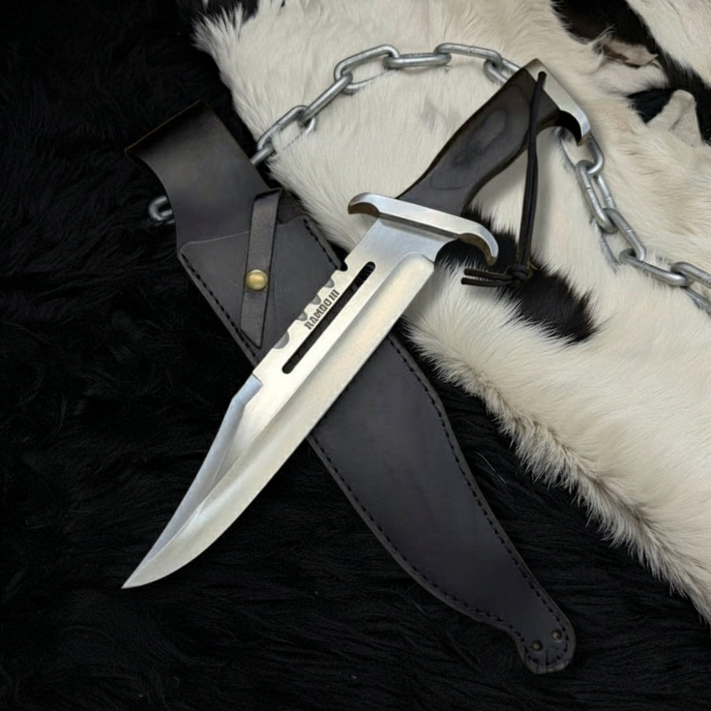 Handmade Rambo III Replica Bowie Knife, High Carbon Steel, Leather Sheath
