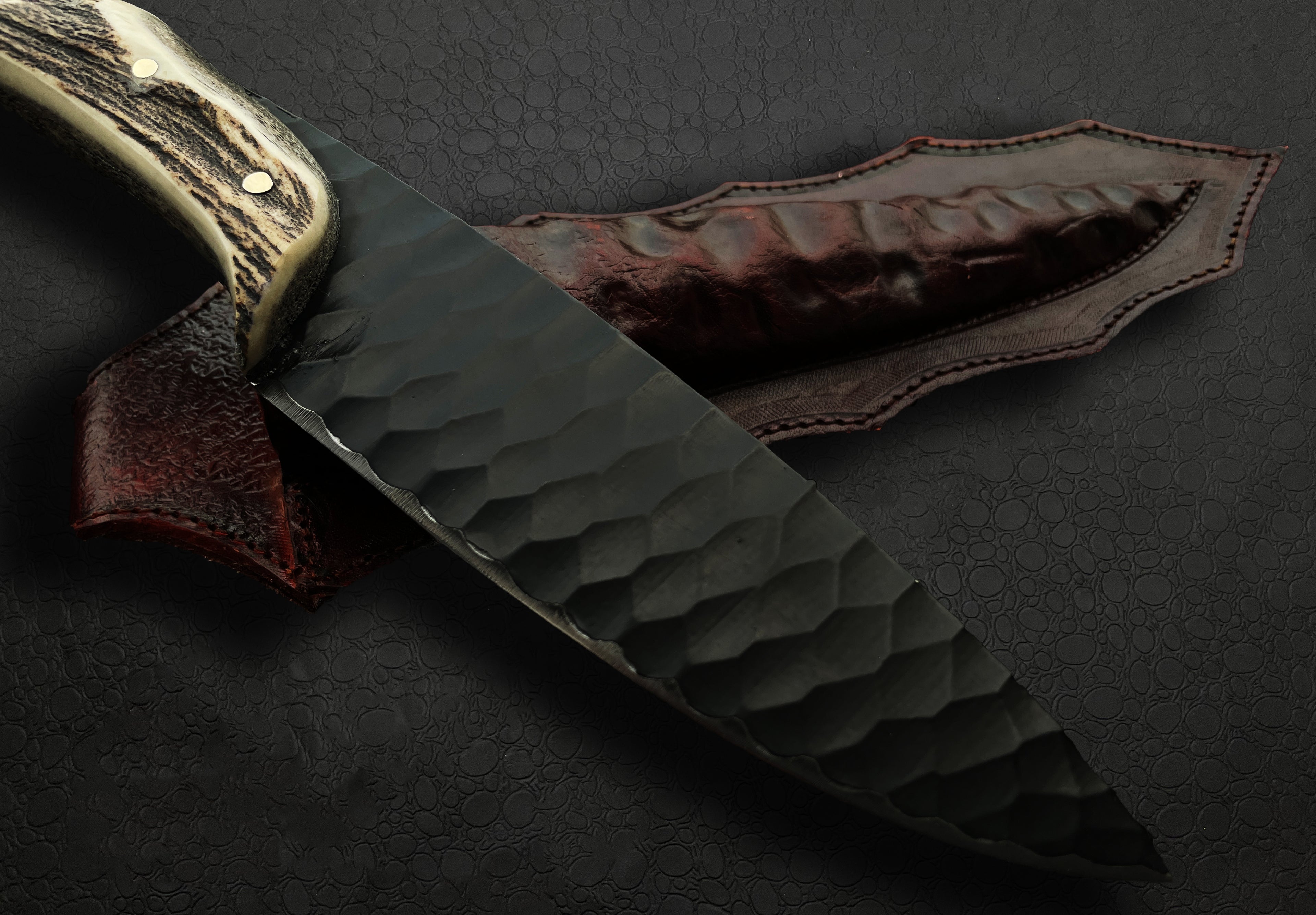 Antique Handmade Black Powder Coated Hunting Knife with Antler Handle