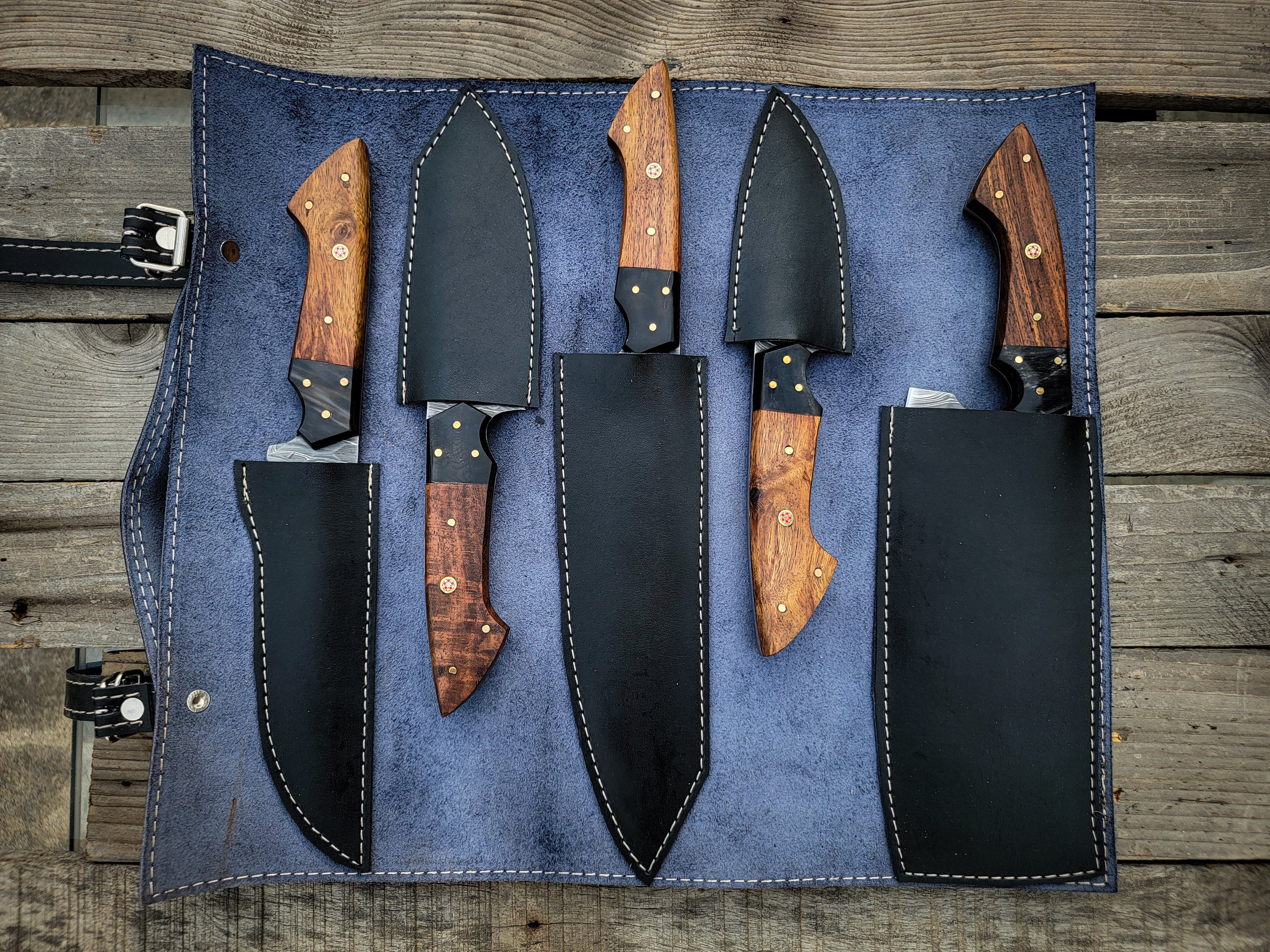 Handmade Damascus Steel Chef Knives Set 5 Pieces with Premium Sheath