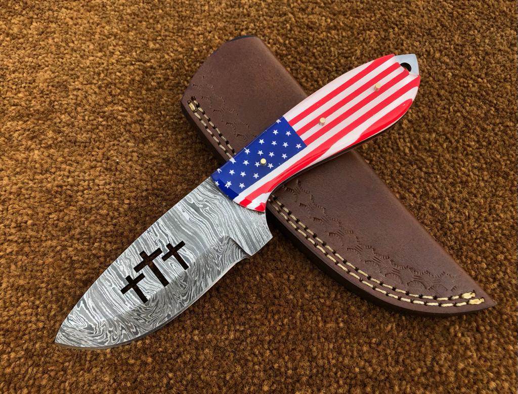 Custom Handmade Cowboy Knife with USA Flag Resin Handle