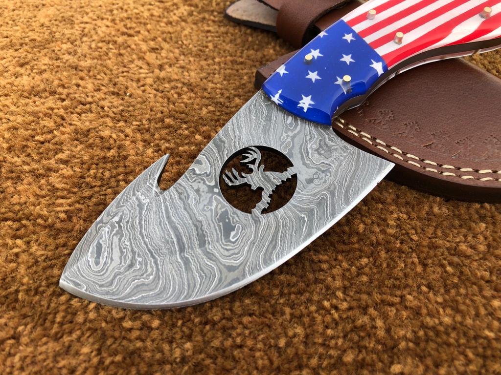Handmade Exclusive Gut Hook Skinner Knife with USA Flag resin Handle