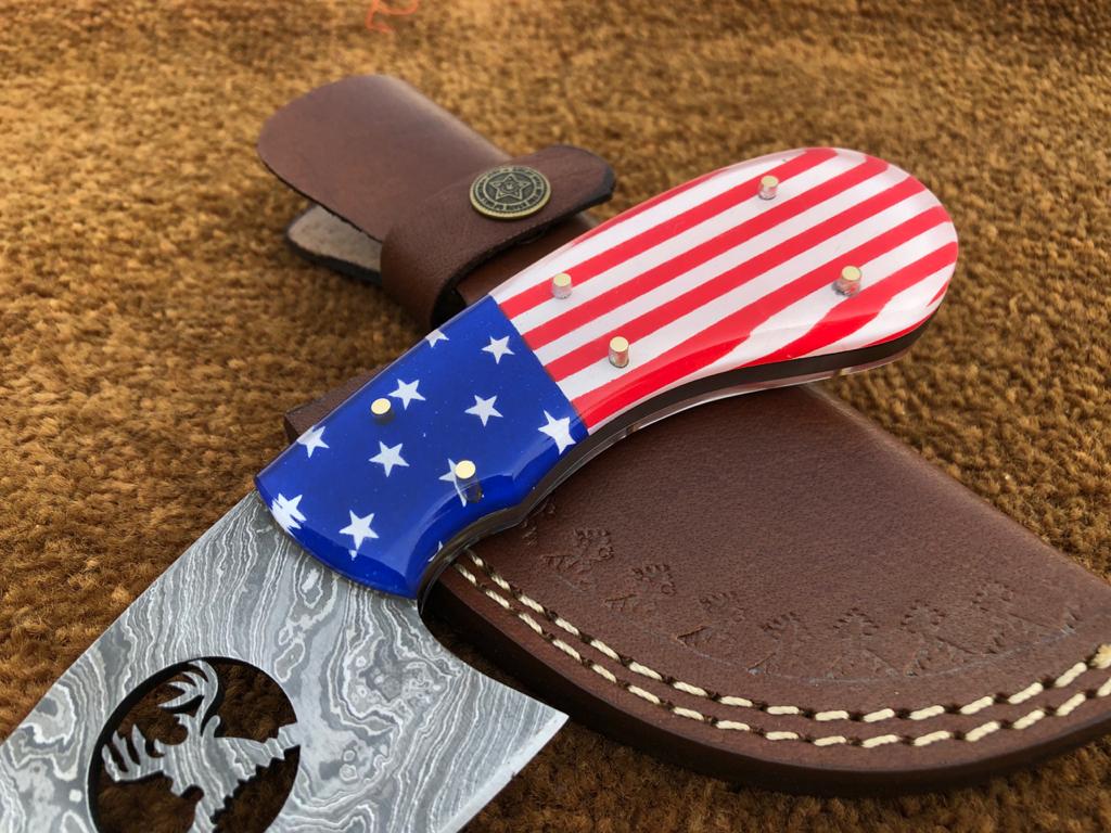 Handmade Exclusive Gut Hook Skinner Knife with USA Flag resin Handle