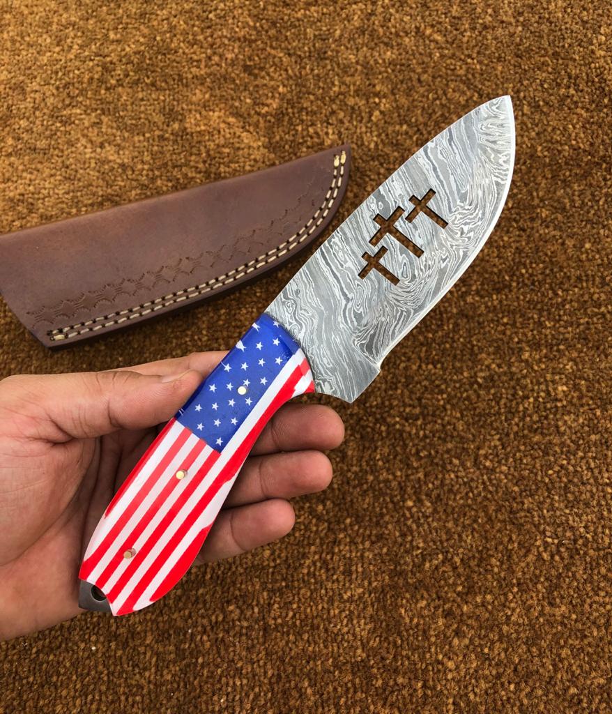 Custom Handmade Cowboy Knife with USA Flag Resin Handle