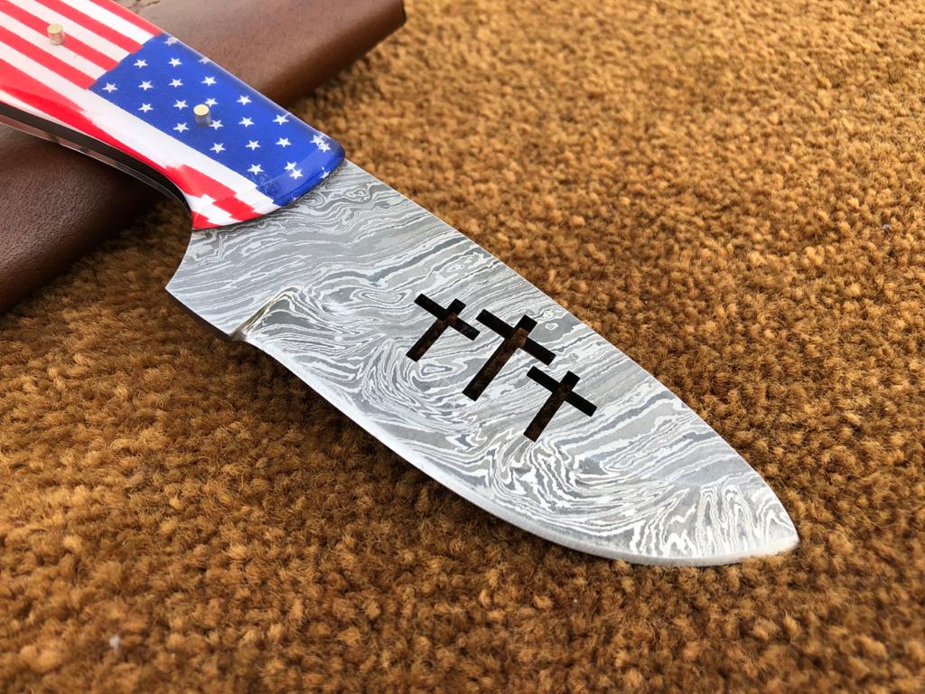Custom Handmade Cowboy Knife with USA Flag Resin Handle