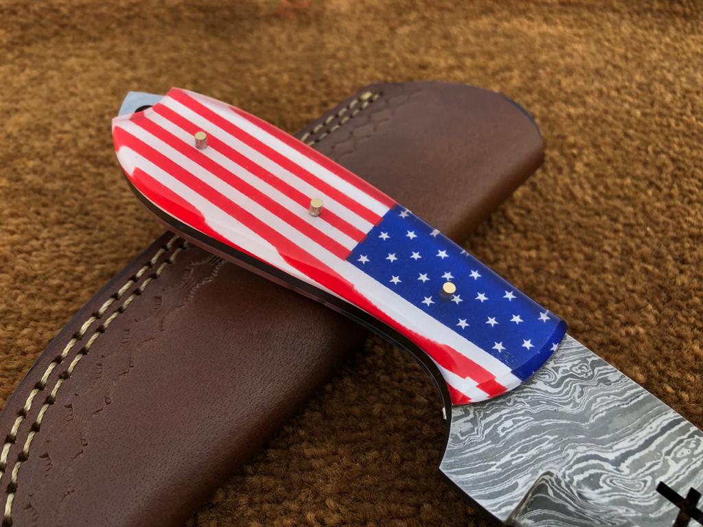 Custom Handmade Cowboy Knife with USA Flag Resin Handle