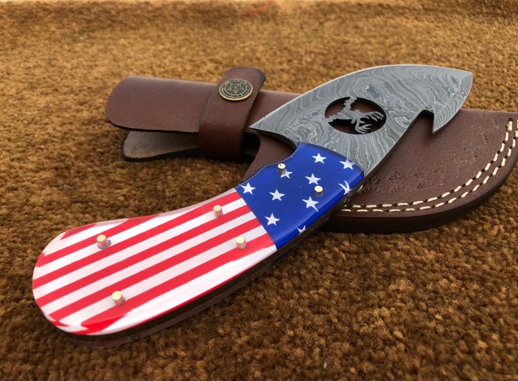 Handmade Exclusive Gut Hook Skinner Knife with USA Flag resin Handle