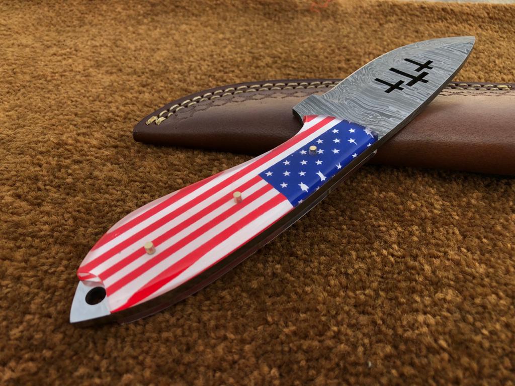 Custom Handmade Cowboy Knife with USA Flag Resin Handle