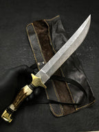 Handmade Damascus Steel Hunting Knife with Leather Sheath
