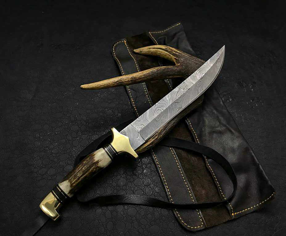 Handmade Damascus Steel Hunting Knife with Leather Sheath