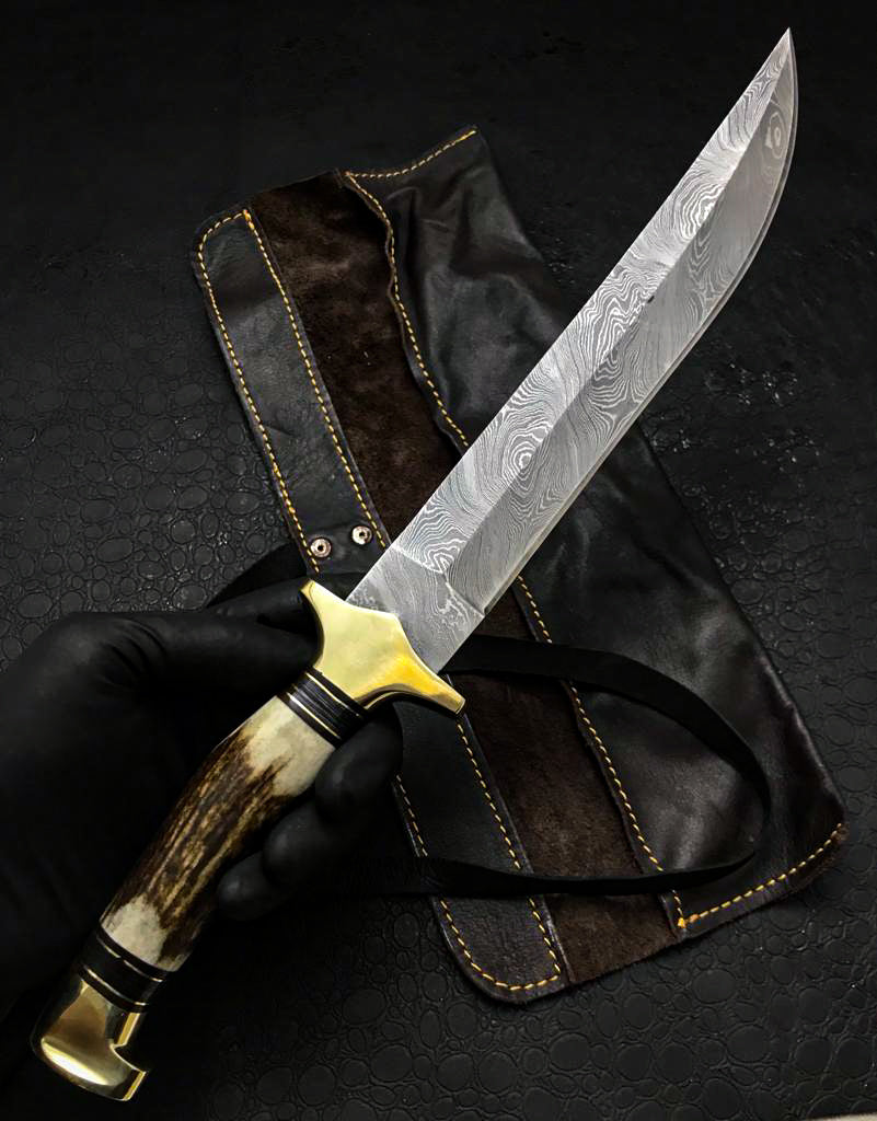 Handmade Damascus Steel Hunting Knife with Leather Sheath