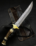 Handmade Damascus Steel Hunting Knife with Leather Sheath