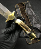 Handmade Damascus Steel Hunting Knife with Leather Sheath