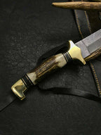 Handmade Damascus Steel Hunting Knife with Leather Sheath