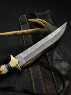 Handmade Damascus Steel Hunting Knife with Leather Sheath