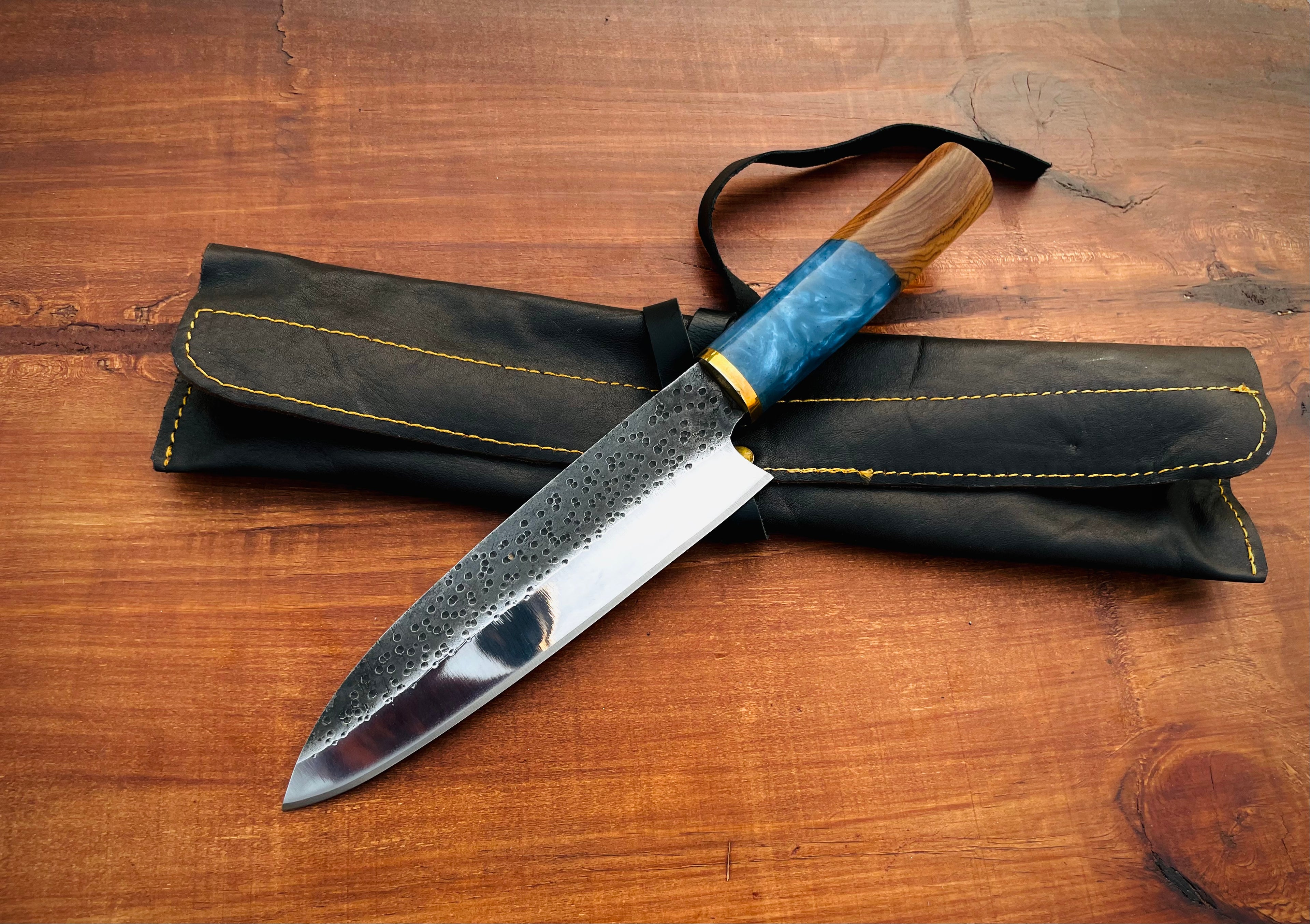 Premium Handmade Carbon Steel Chef Knife with Blue Resin Handle