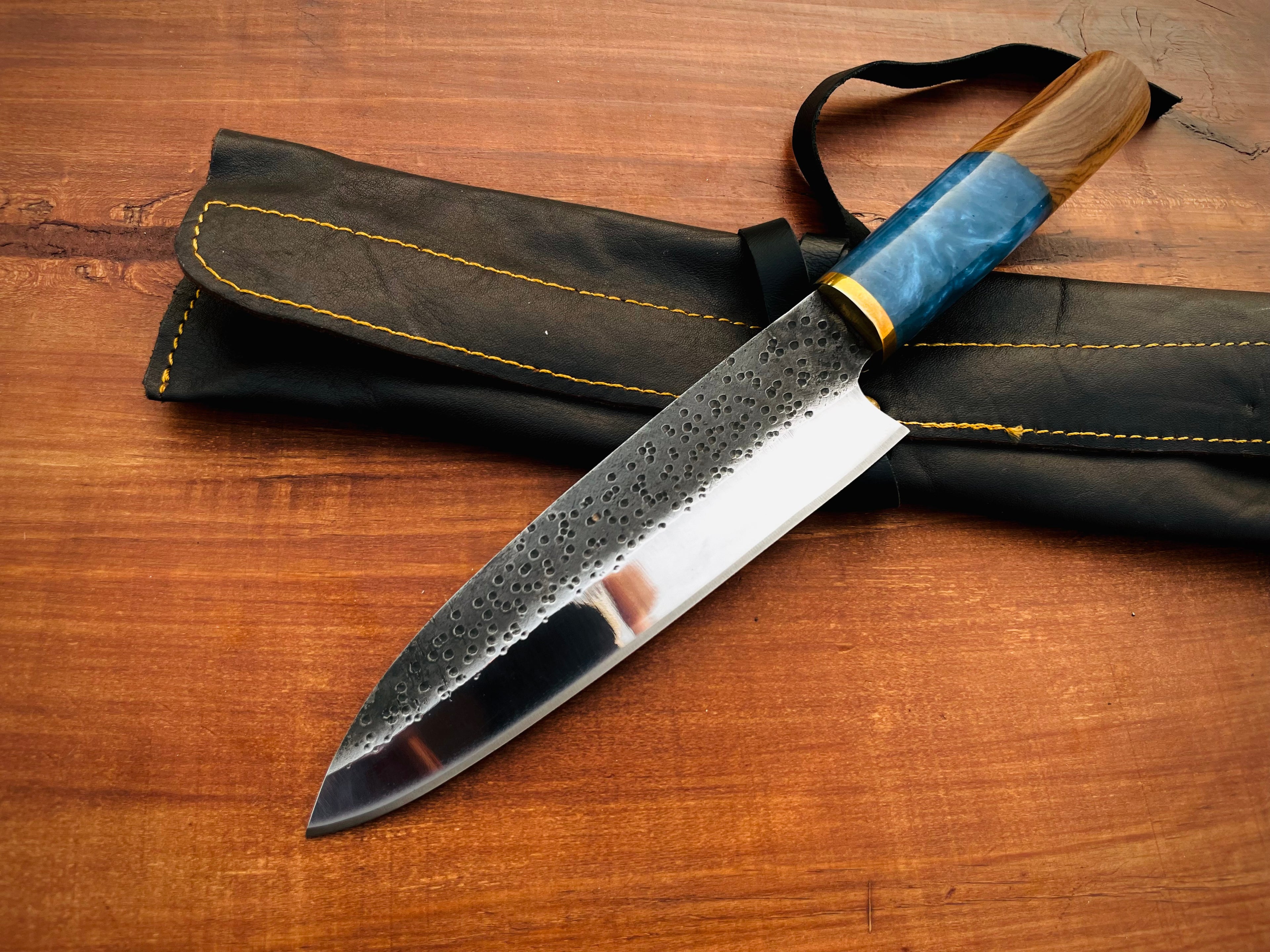 Premium Handmade Carbon Steel Chef Knife with Blue Resin Handle