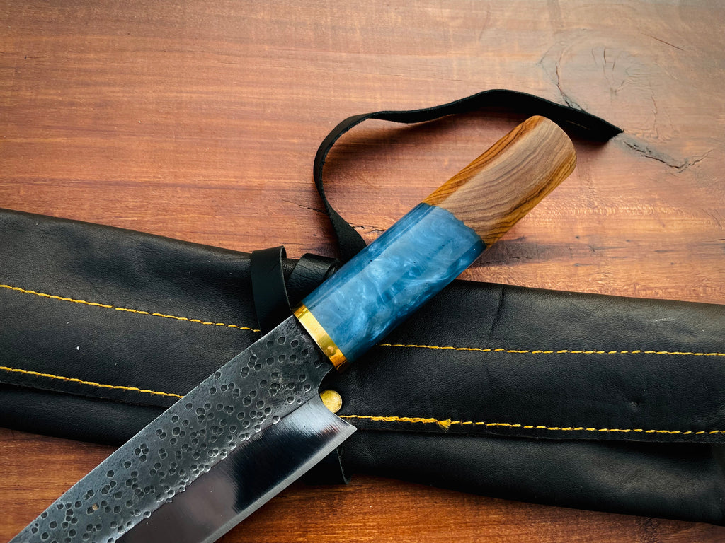 Premium Handmade Carbon Steel Chef Knife with Blue Resin Handle