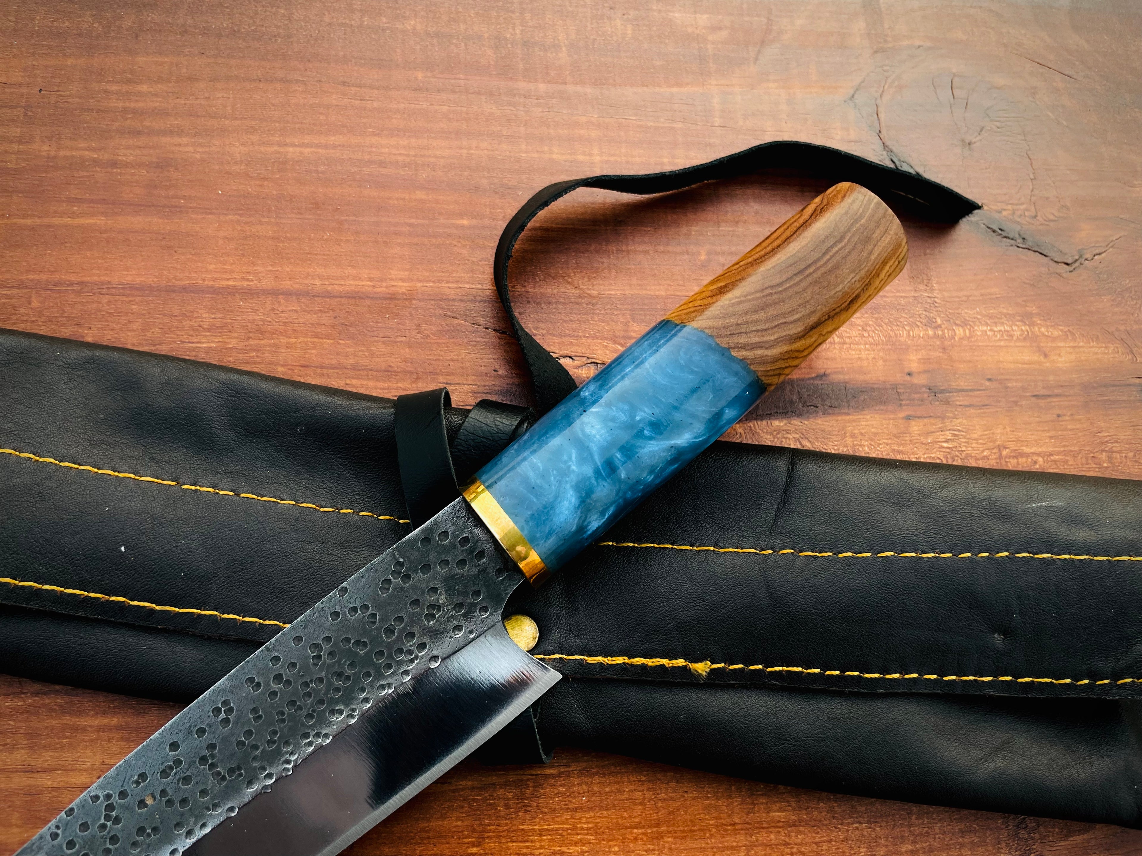 Premium Handmade Carbon Steel Chef Knife with Blue Resin Handle