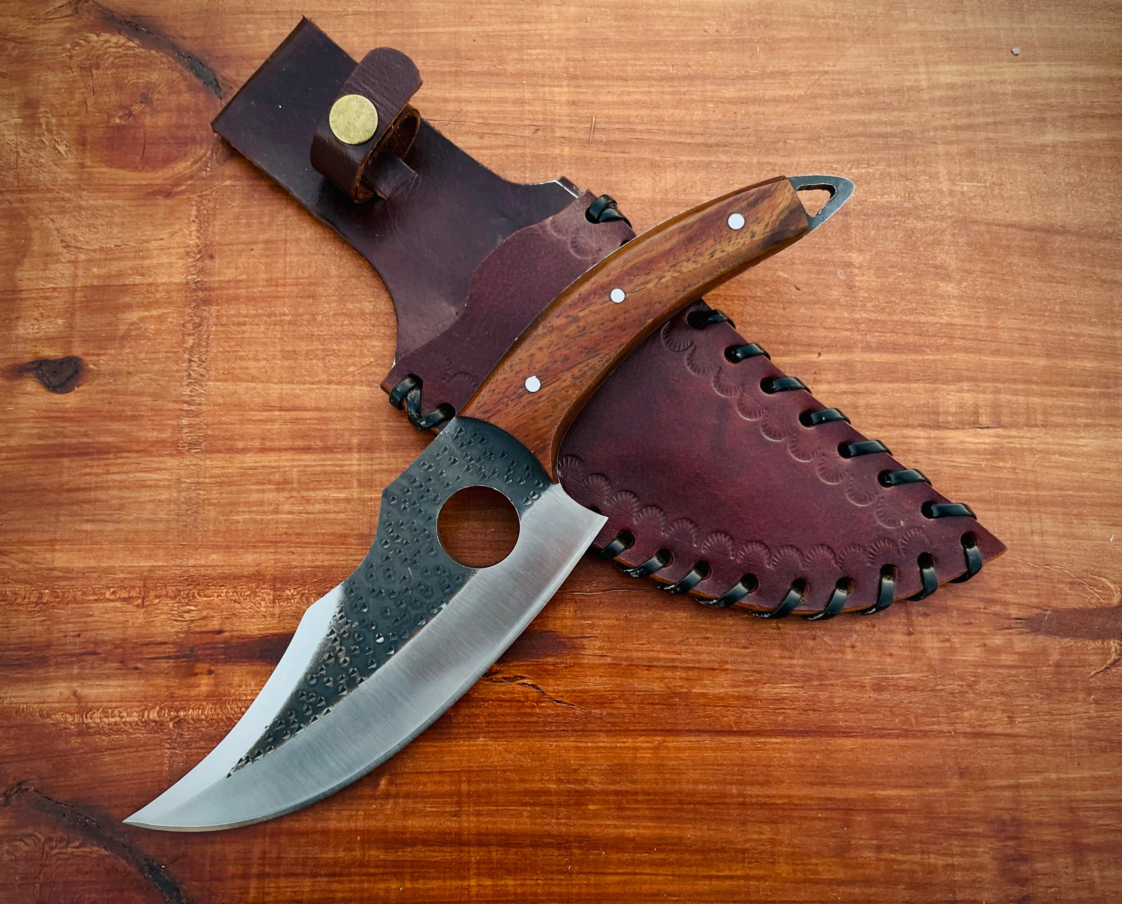 Handmade Custom Chef-Hole Knife with Leather Sheath