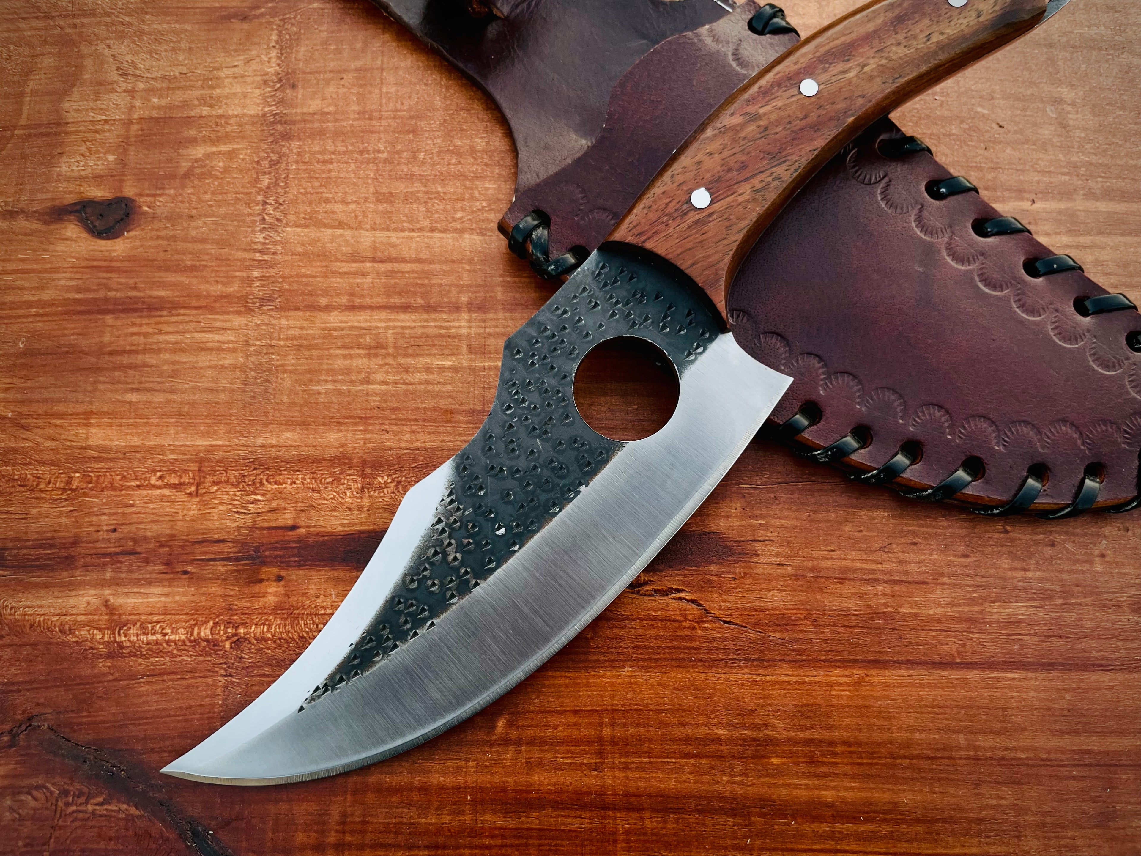 Handmade Custom Chef-Hole Knife with Leather Sheath