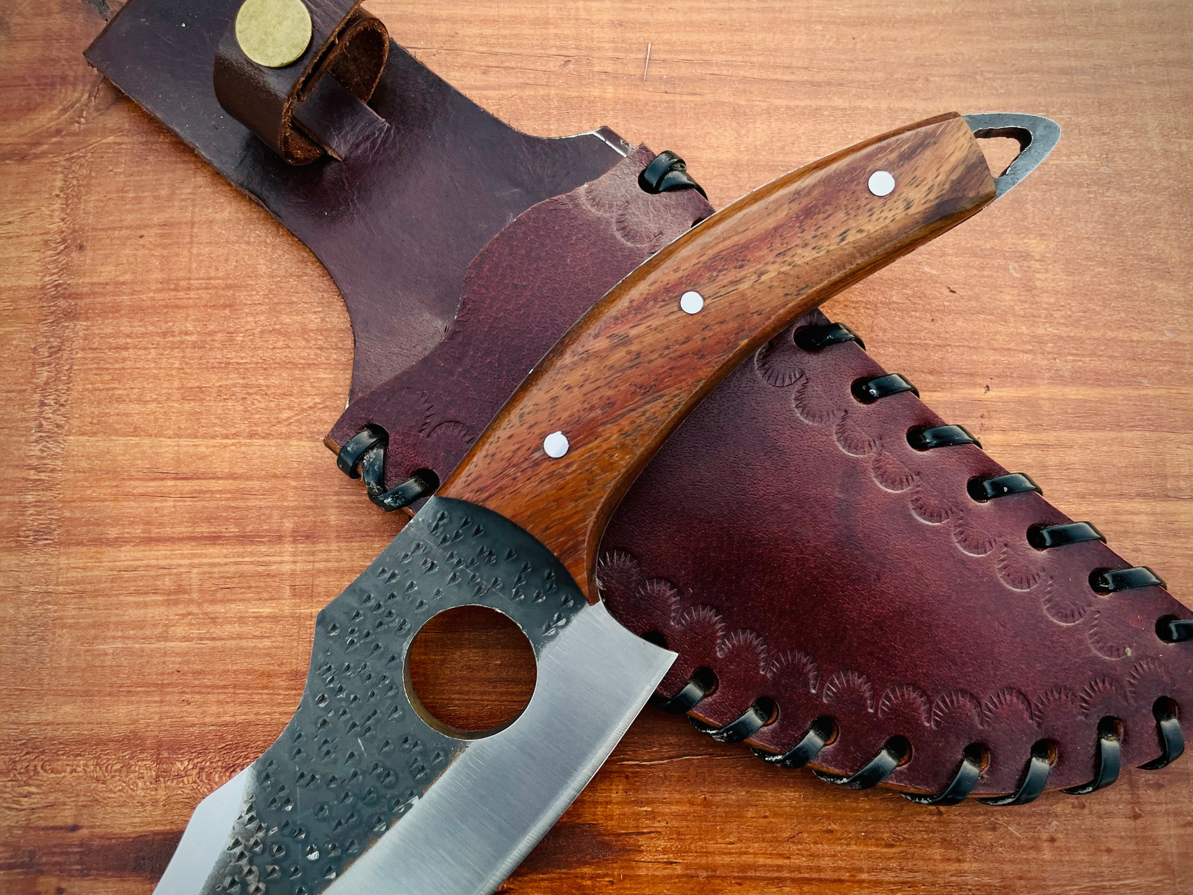 Handmade Custom Chef-Hole Knife with Leather Sheath