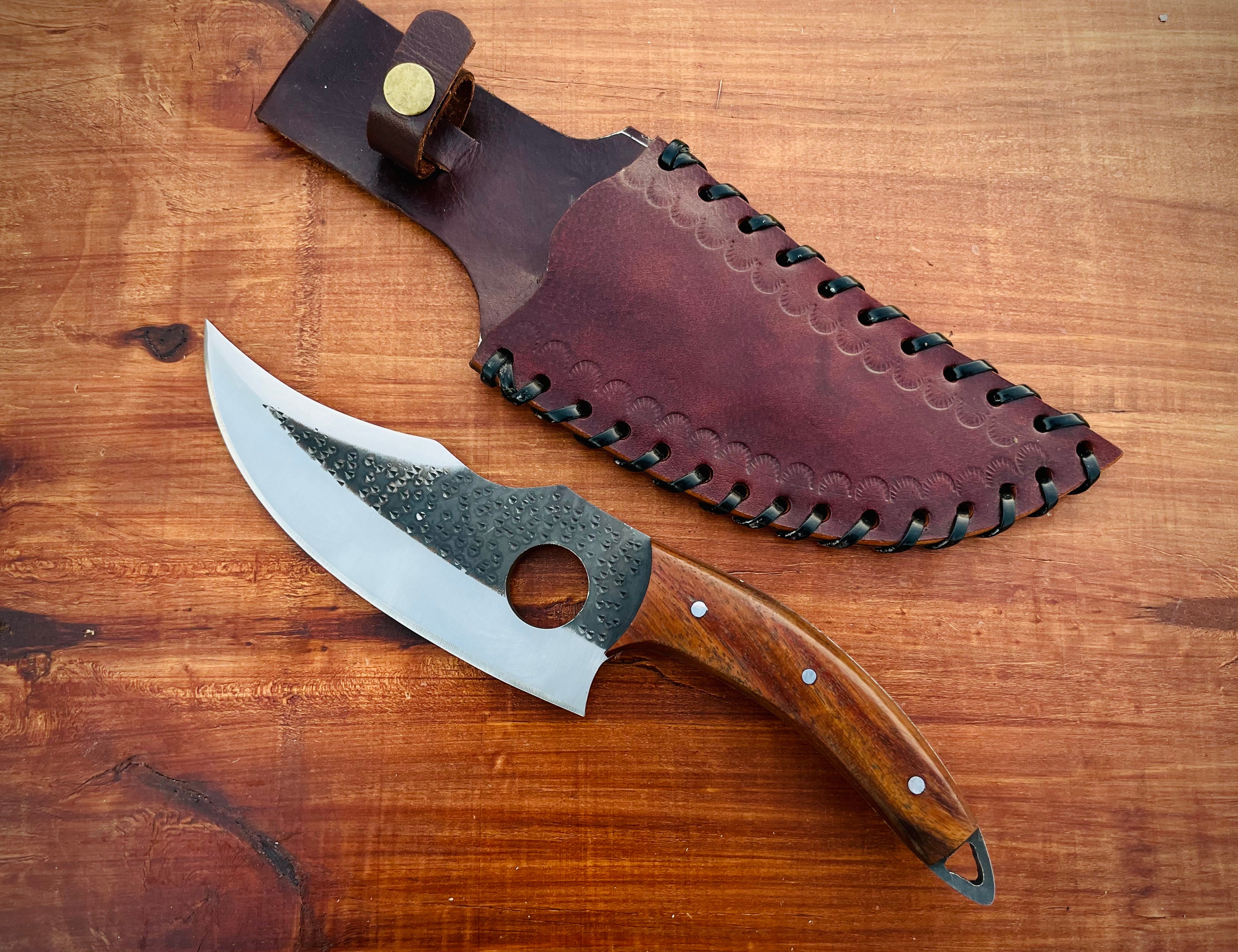 Handmade Custom Chef-Hole Knife with Leather Sheath