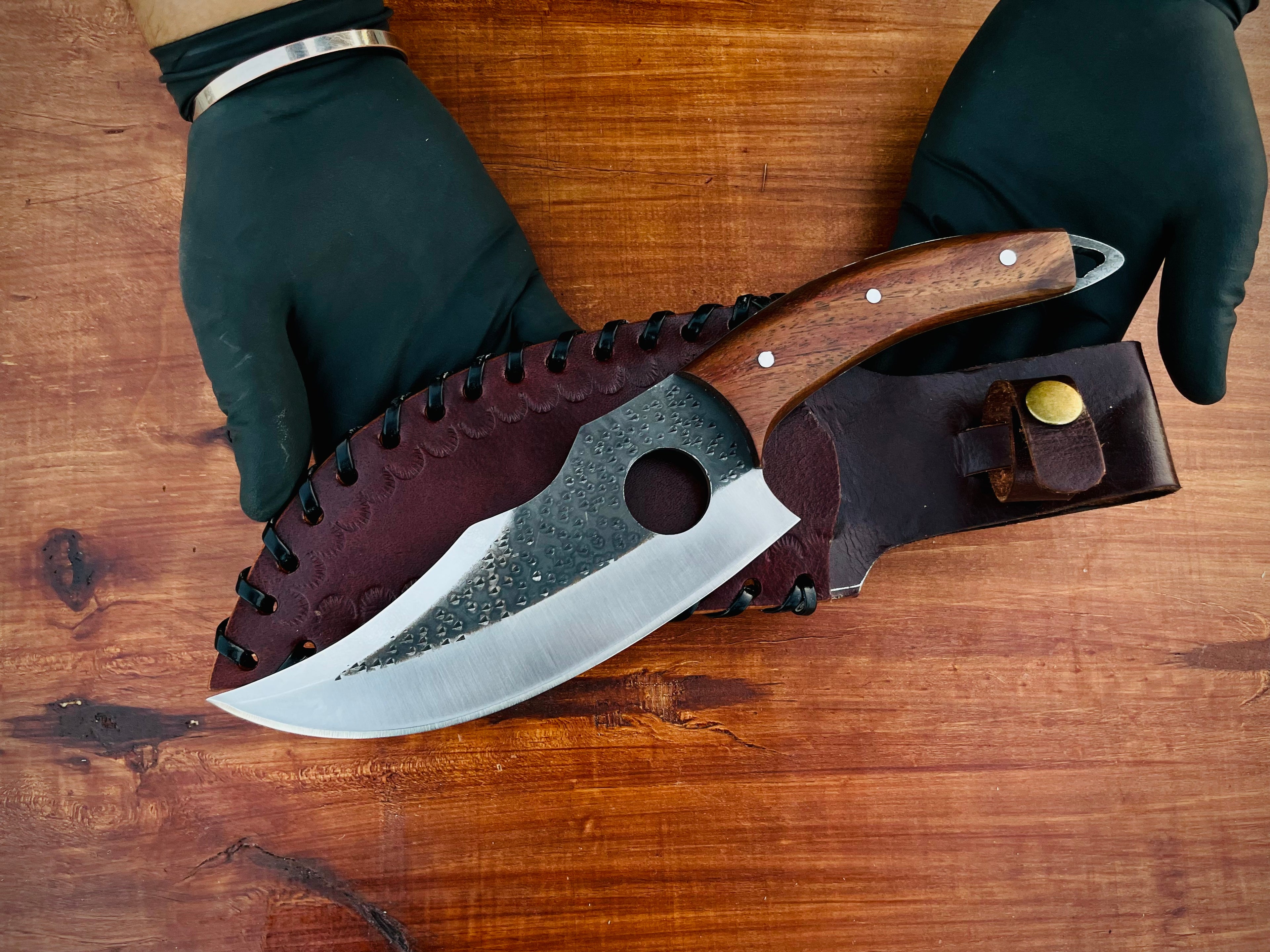 Handmade Custom Chef-Hole Knife with Leather Sheath