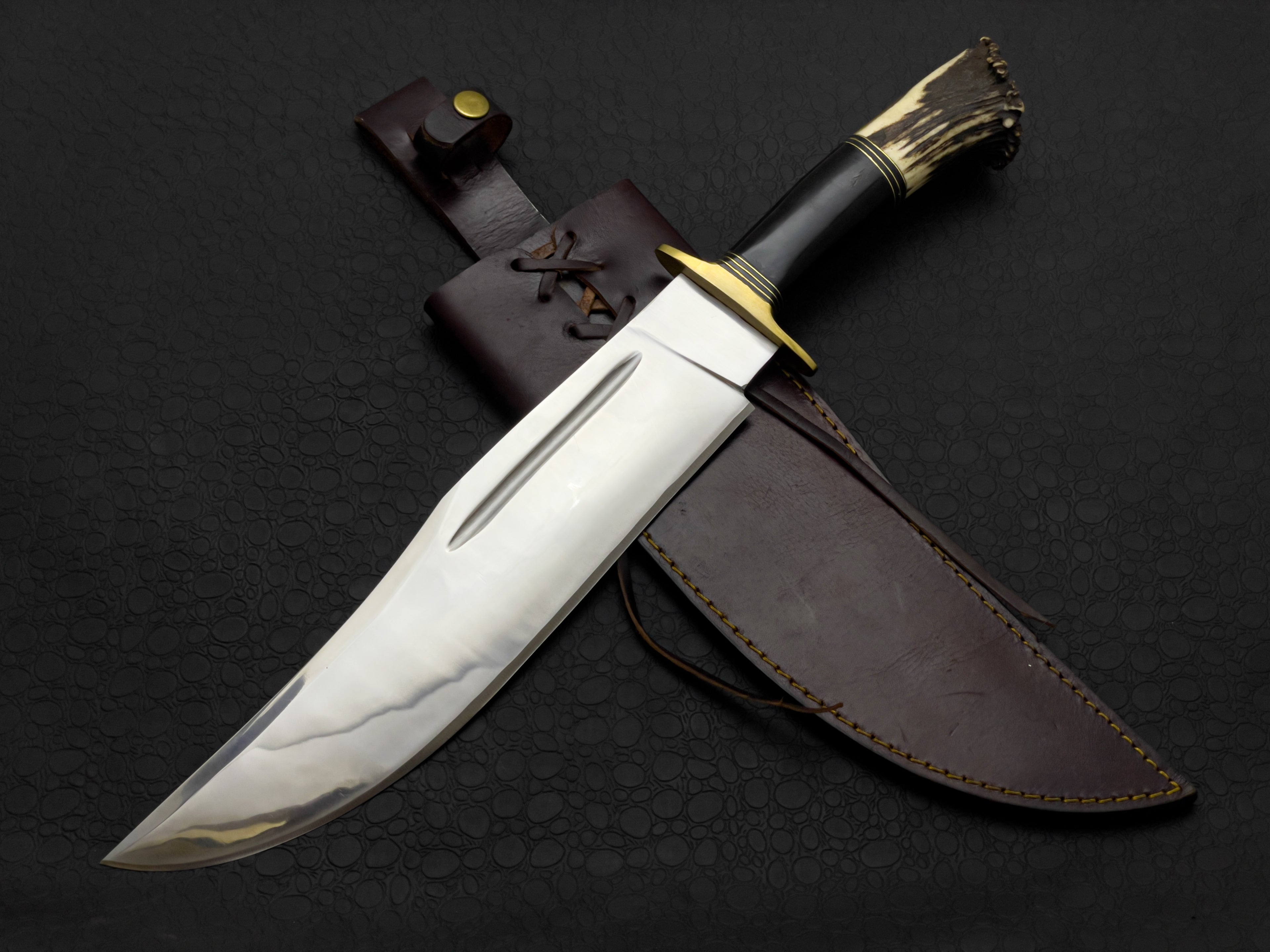 Custom Handmade High Polish Bowie Knife with Antler Handle