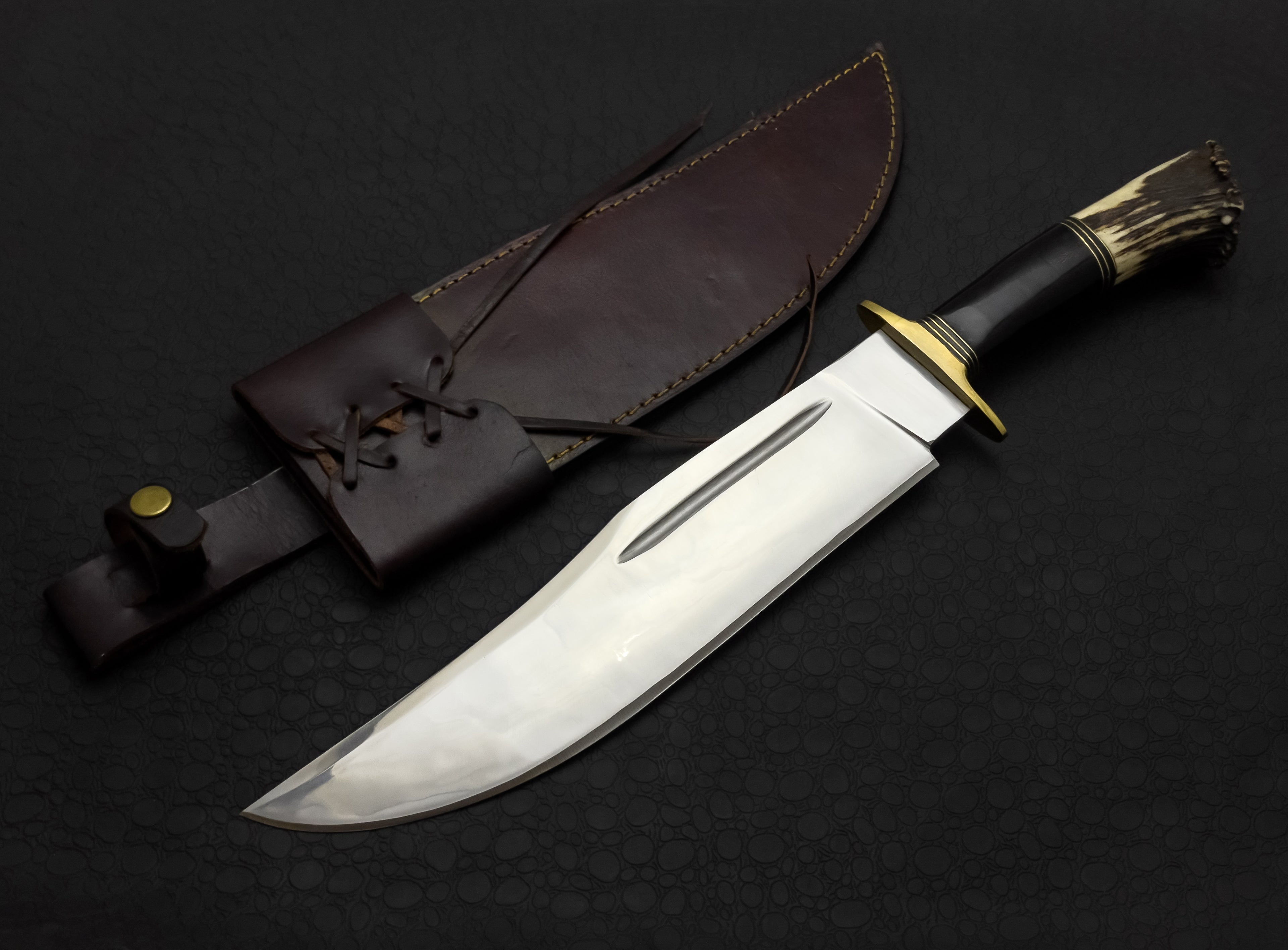 Custom Handmade High Polish Bowie Knife with Antler Handle