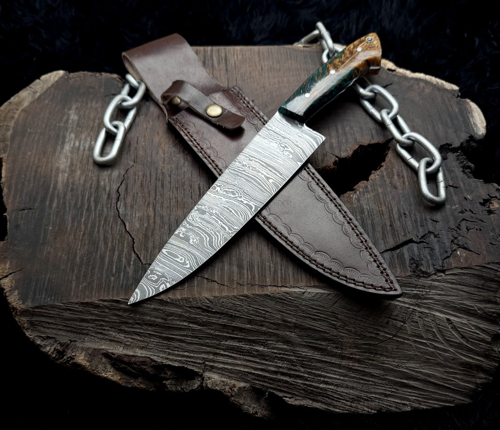 Premium Damascus Steel Handmade Santoku Style Chef Knife with Leather Sheath