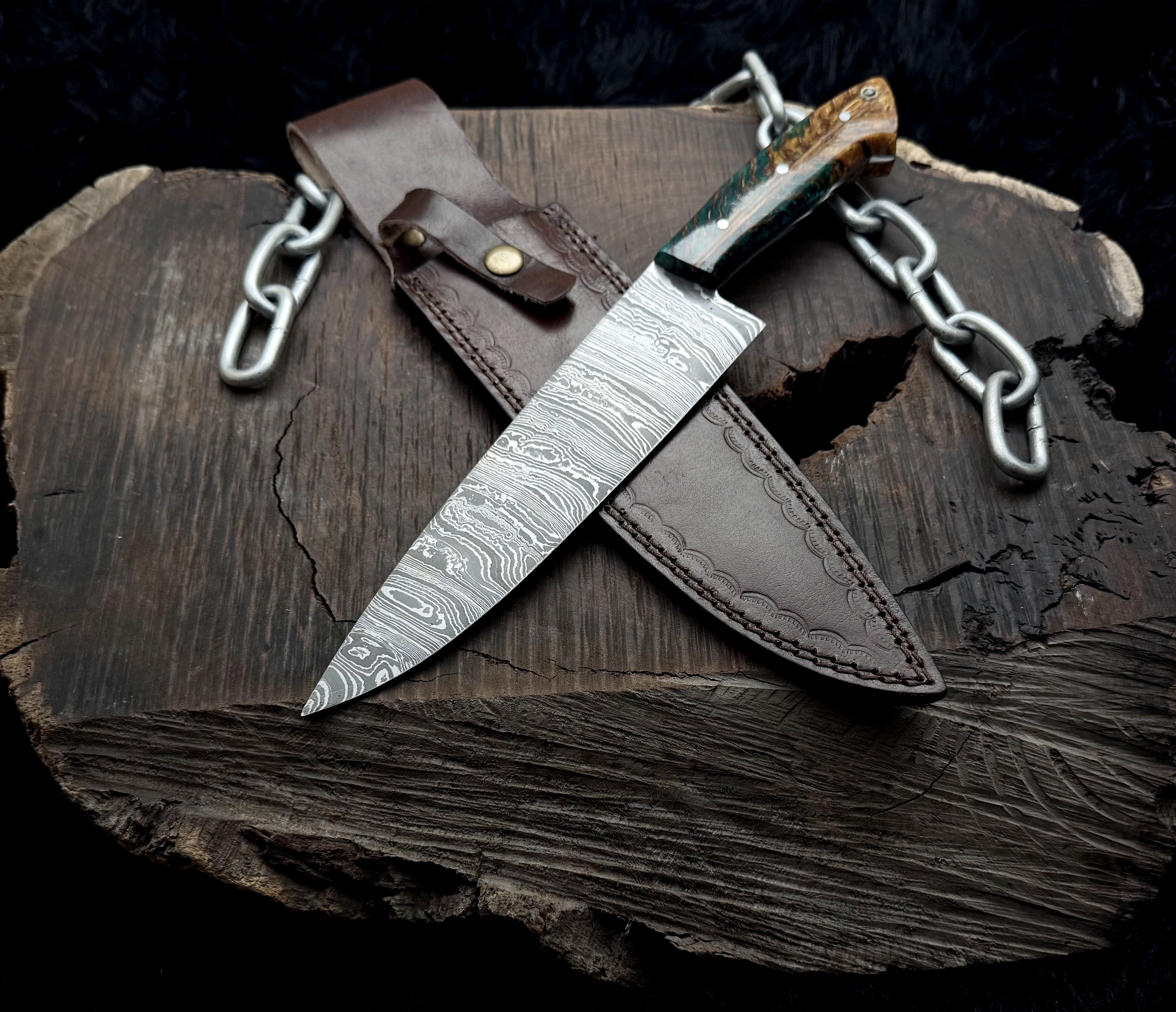 Premium Damascus Steel Handmade Santoku Style Chef Knife with Leather Sheath