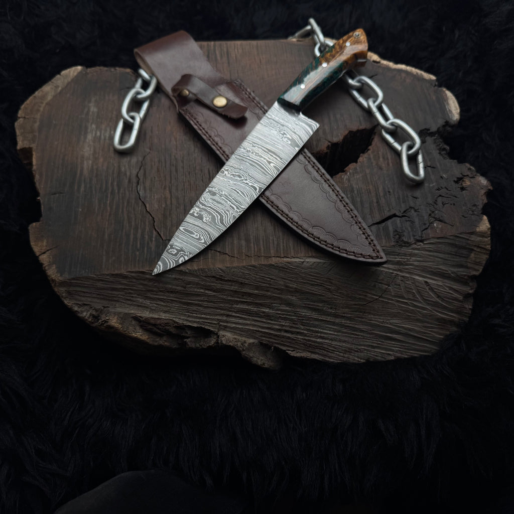 Premium Damascus Steel Handmade Santoku Style Chef Knife with Leather Sheath
