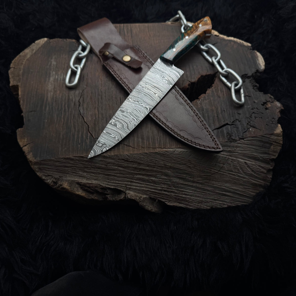 Premium Damascus Steel Handmade Santoku Style Chef Knife with Leather Sheath