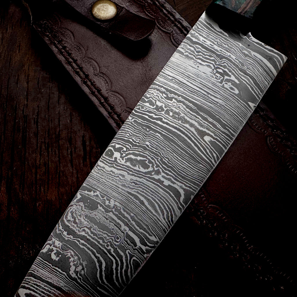 Premium Damascus Steel Handmade Santoku Style Chef Knife with Leather Sheath