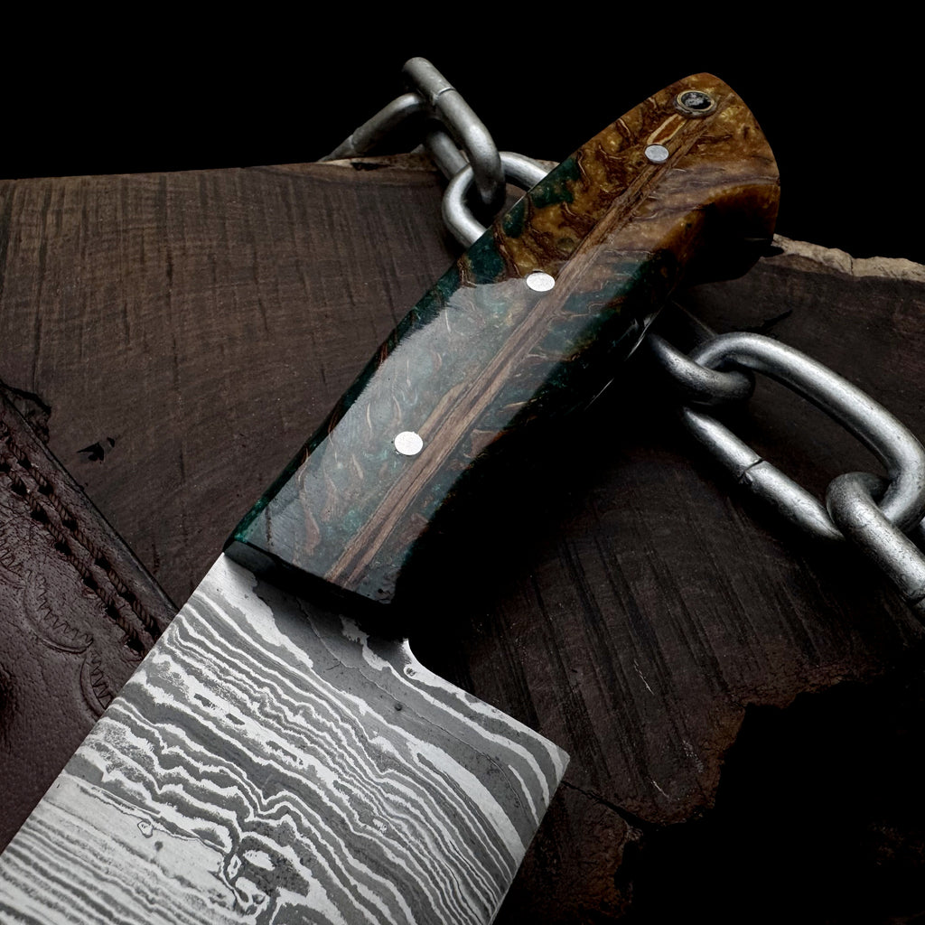 Premium Damascus Steel Handmade Santoku Style Chef Knife with Leather Sheath