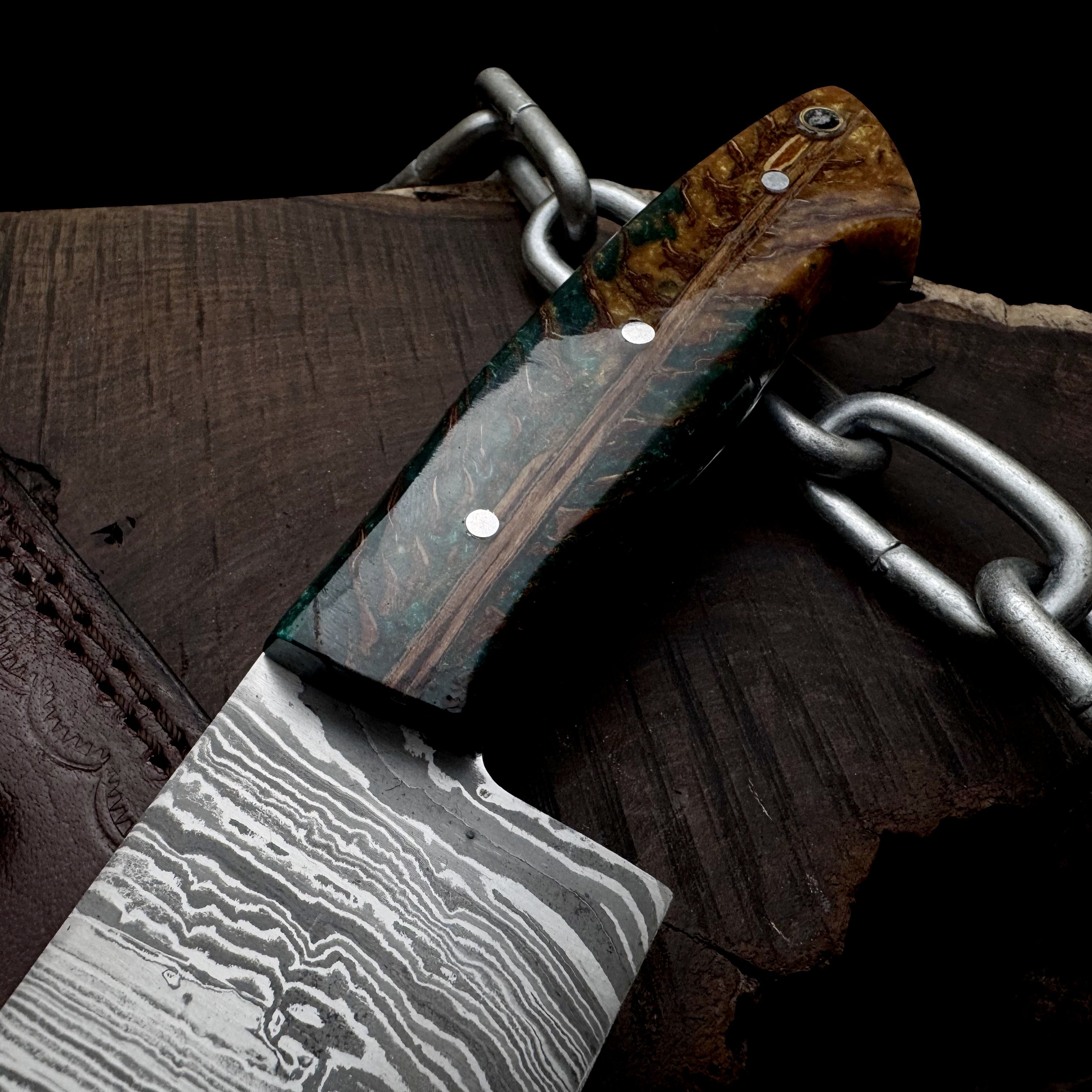 Premium Damascus Steel Handmade Santoku Style Chef Knife with Leather Sheath