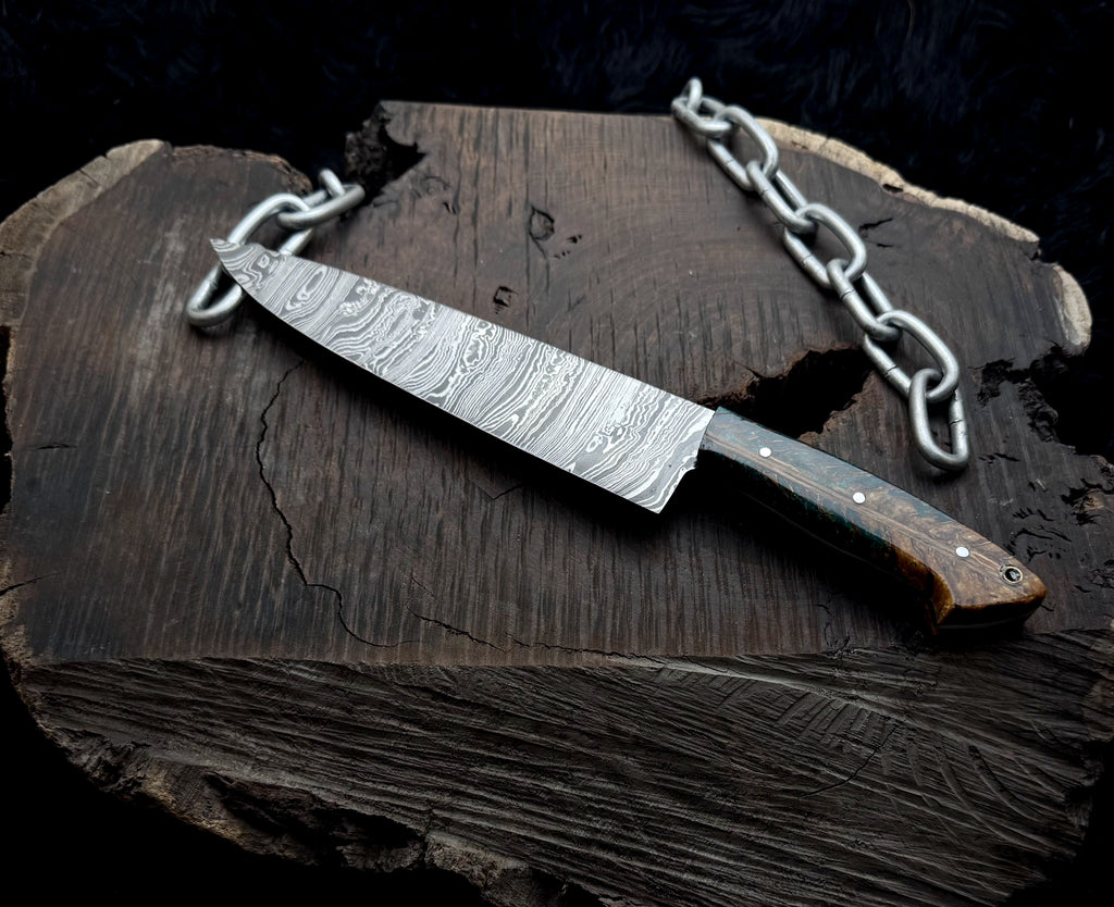 Premium Damascus Steel Handmade Santoku Style Chef Knife with Leather Sheath