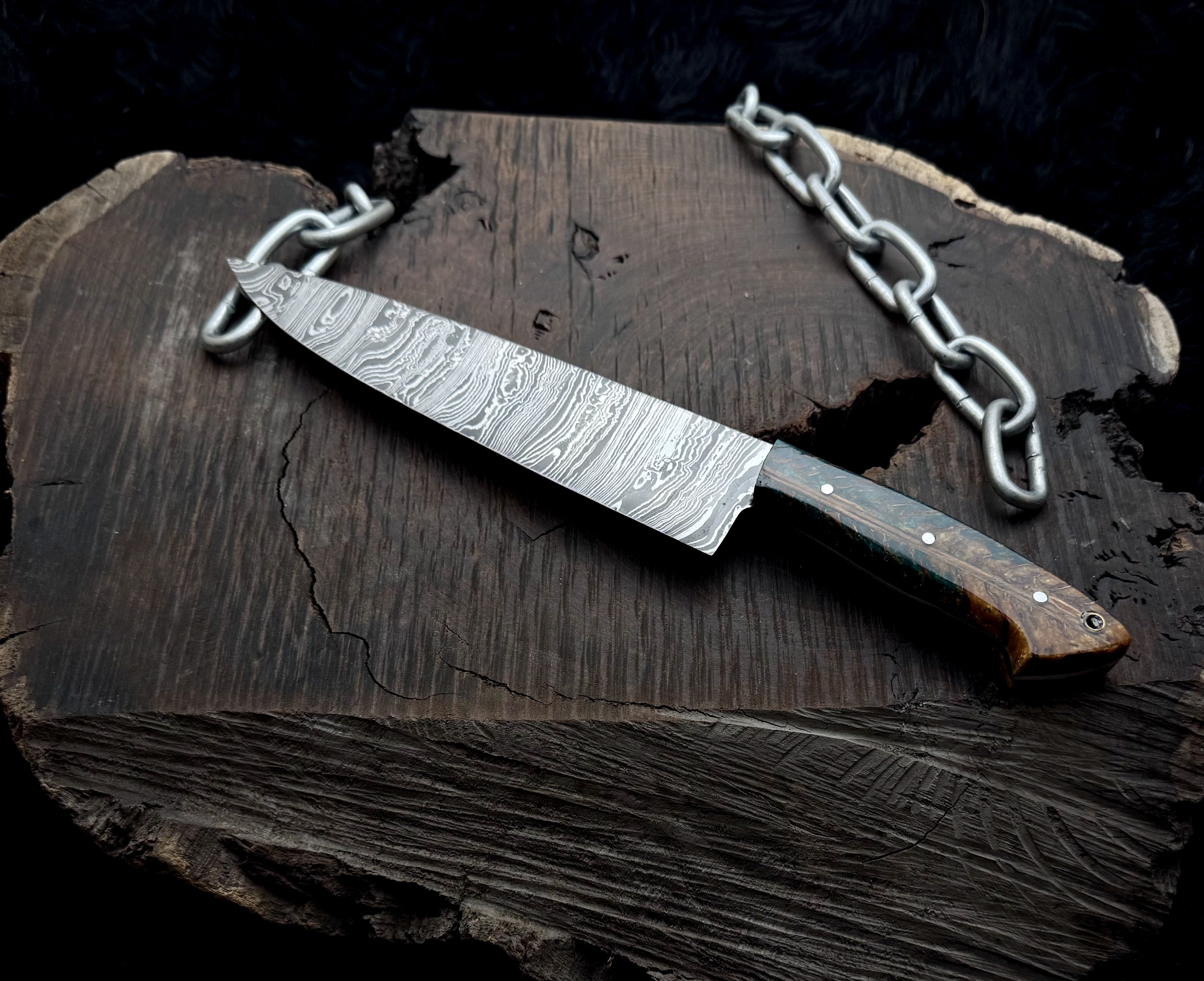 Premium Damascus Steel Handmade Santoku Style Chef Knife with Leather Sheath