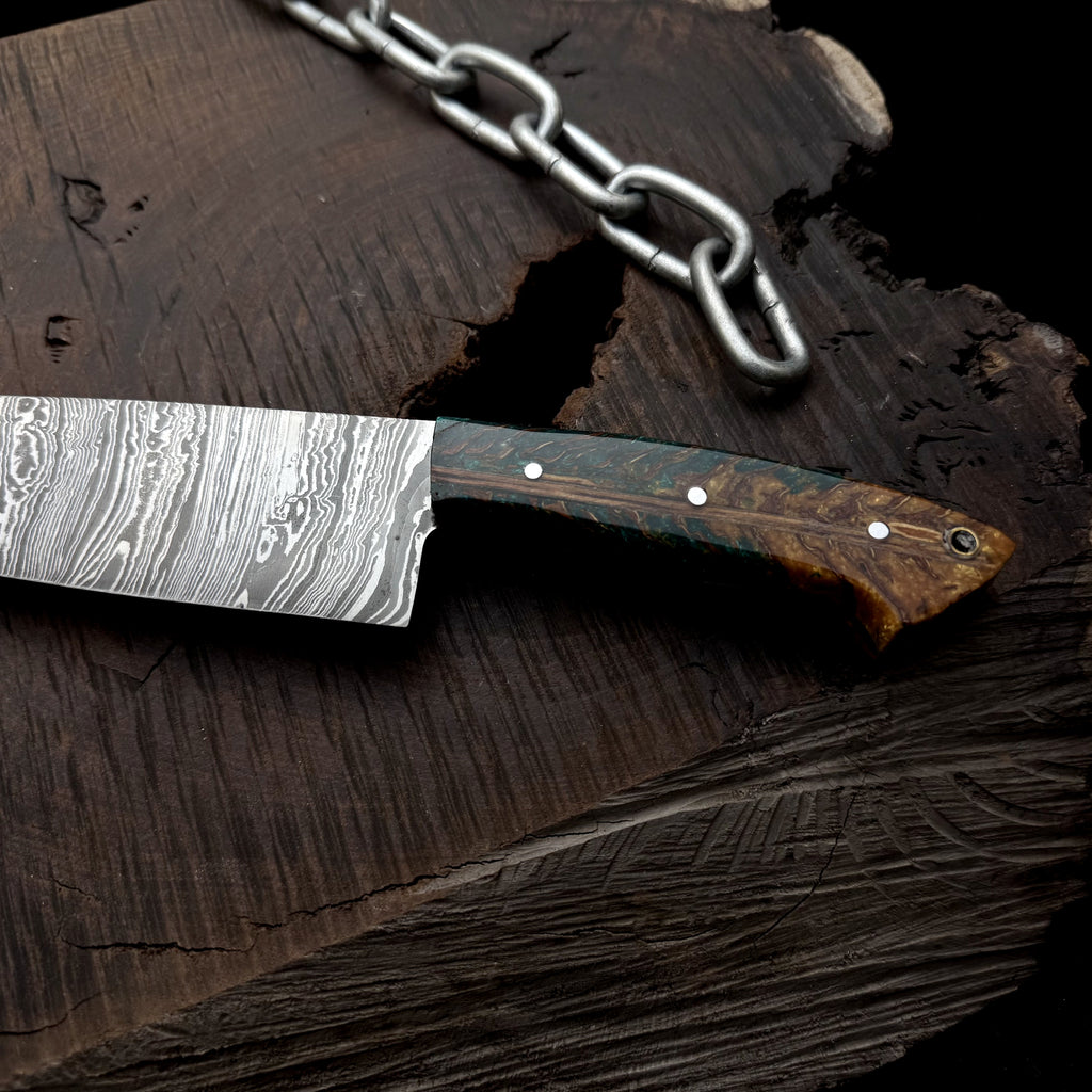 Premium Damascus Steel Handmade Santoku Style Chef Knife with Leather Sheath