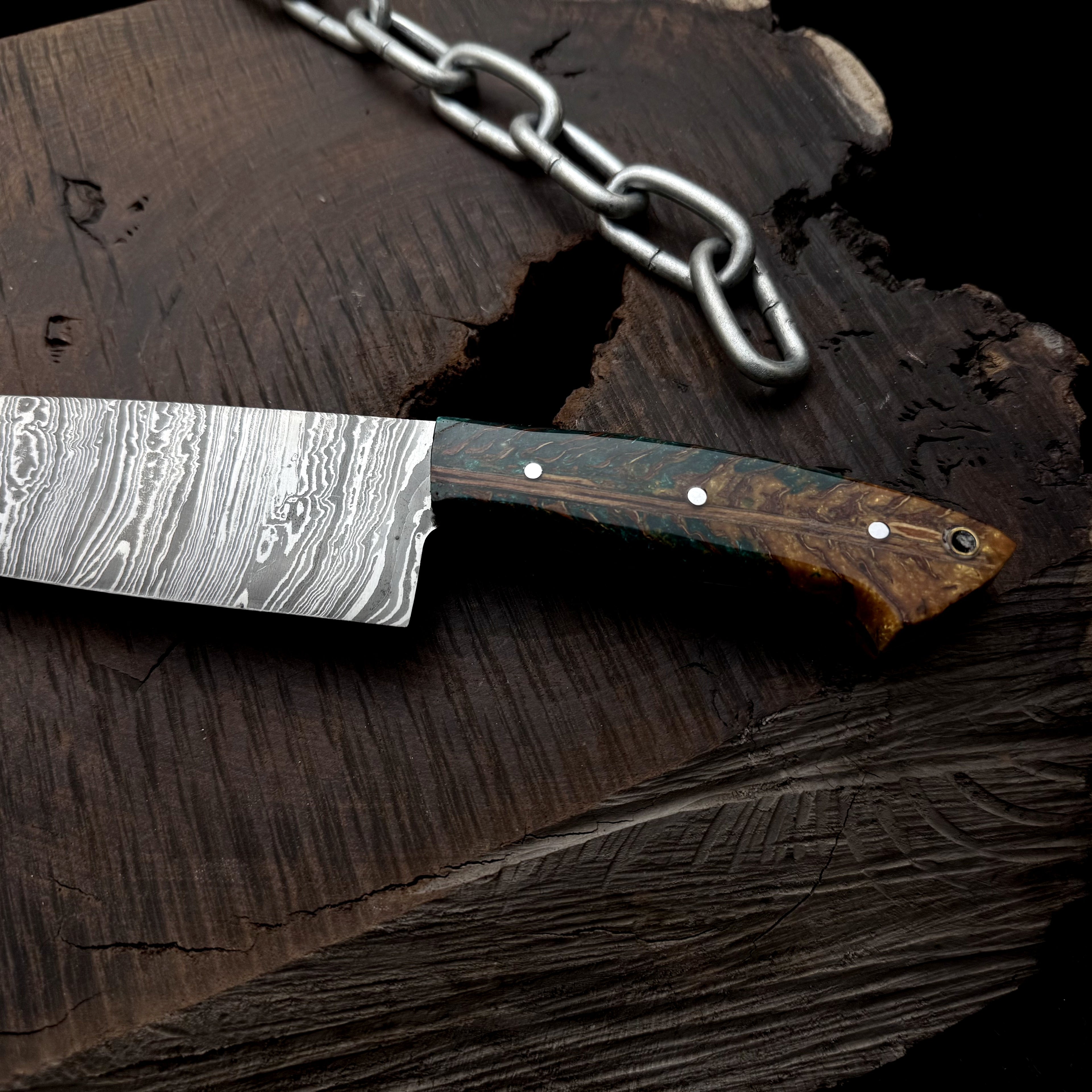 Premium Damascus Steel Handmade Santoku Style Chef Knife with Leather Sheath