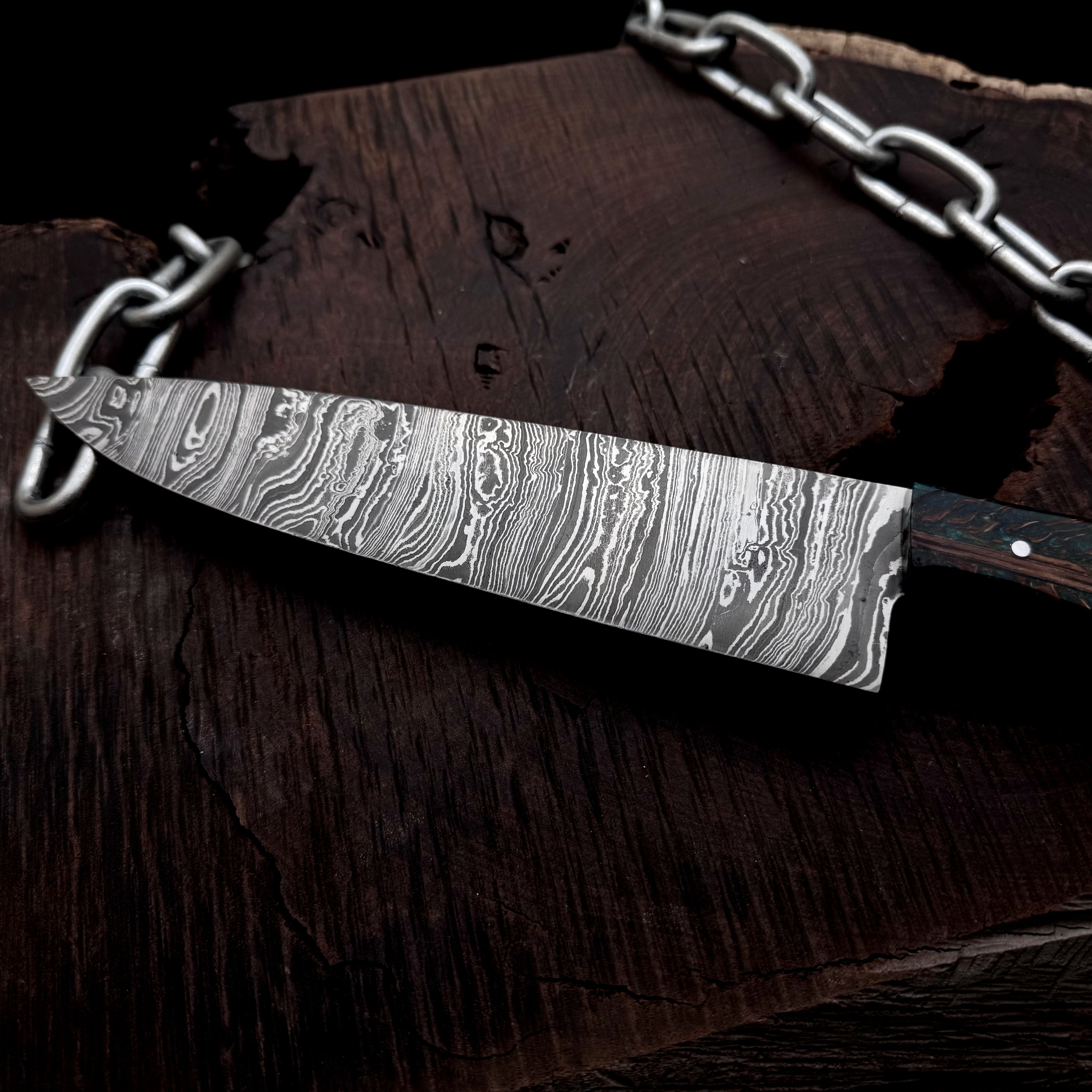 Premium Damascus Steel Handmade Santoku Style Chef Knife with Leather Sheath