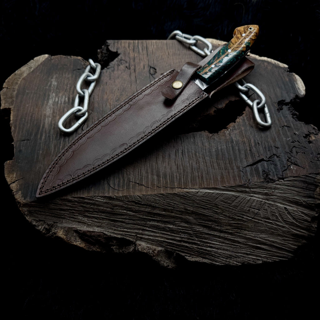 Premium Damascus Steel Handmade Santoku Style Chef Knife with Leather Sheath