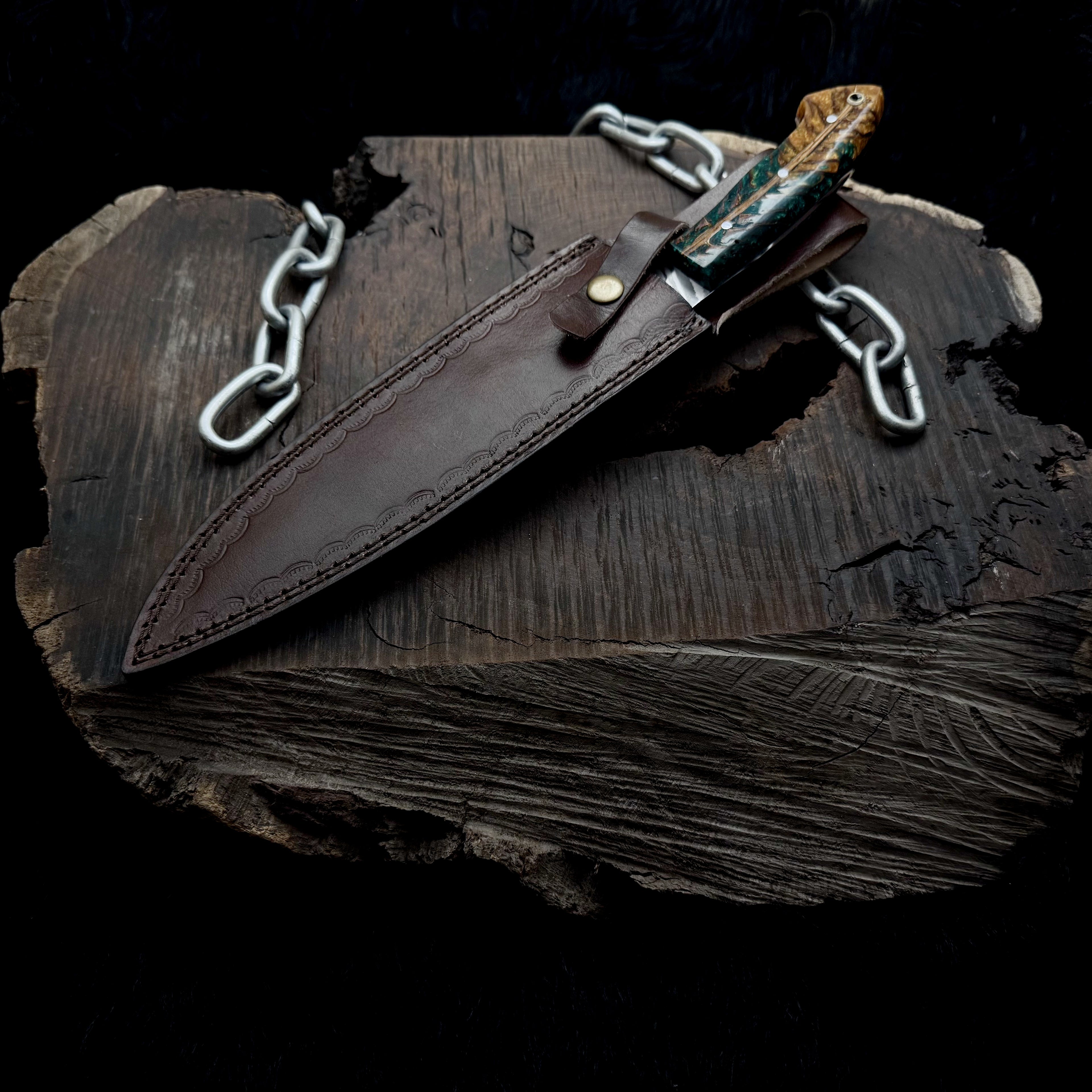 Premium Damascus Steel Handmade Santoku Style Chef Knife with Leather Sheath