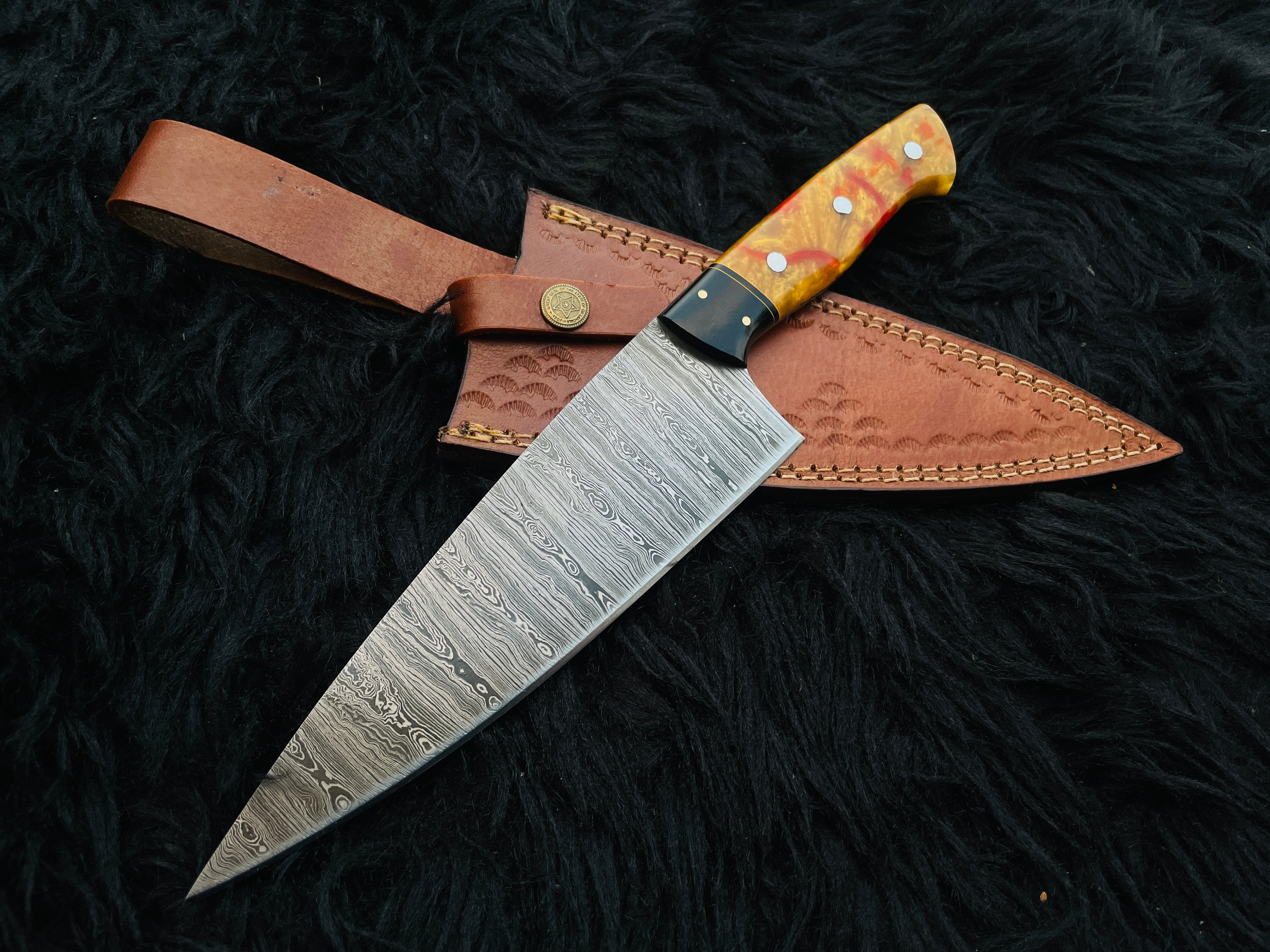 Premium Handmade Damascus Steel Chef Knife with Leather Sheath