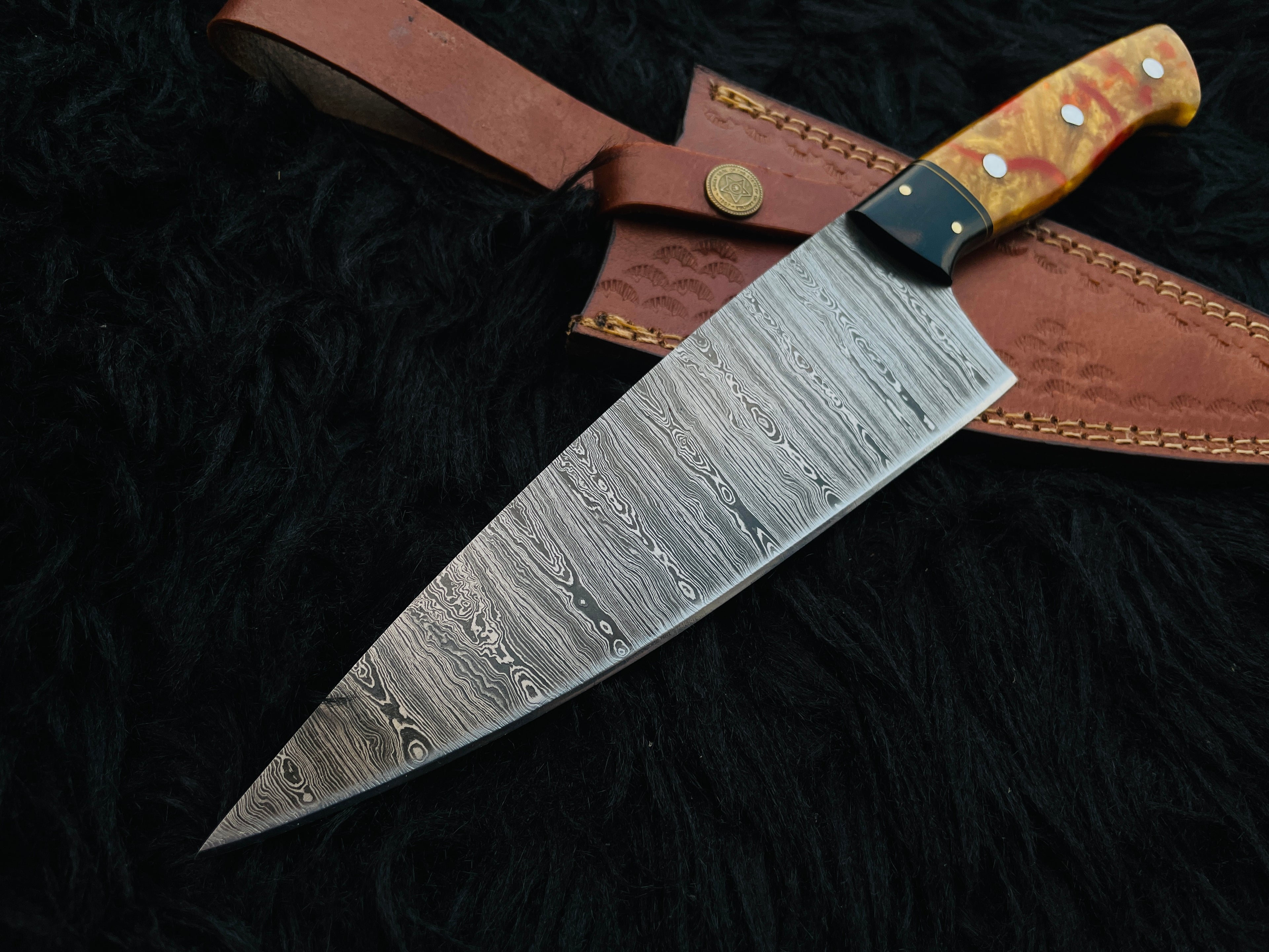 Premium Handmade Damascus Steel Chef Knife with Leather Sheath