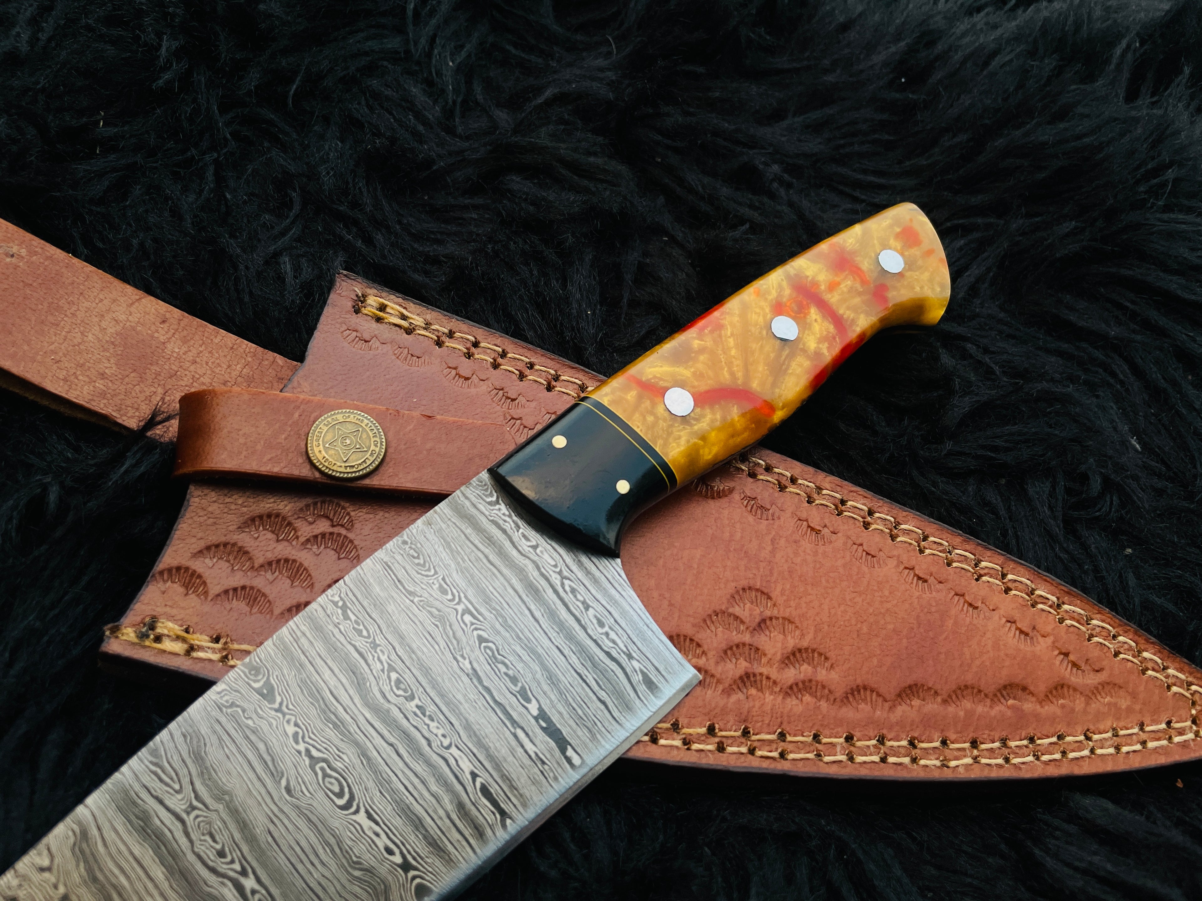Premium Handmade Damascus Steel Chef Knife with Leather Sheath