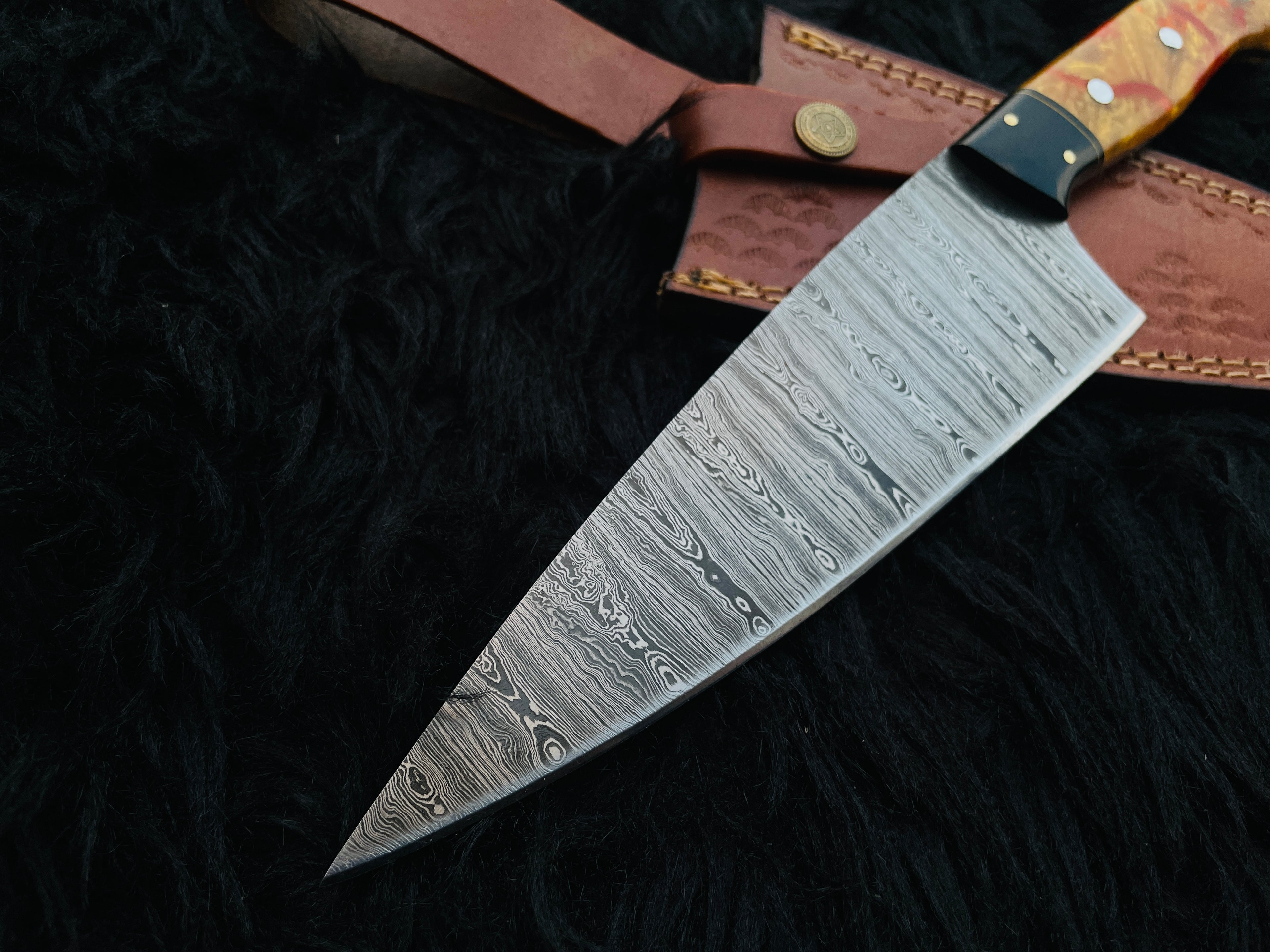 Premium Handmade Damascus Steel Chef Knife with Leather Sheath