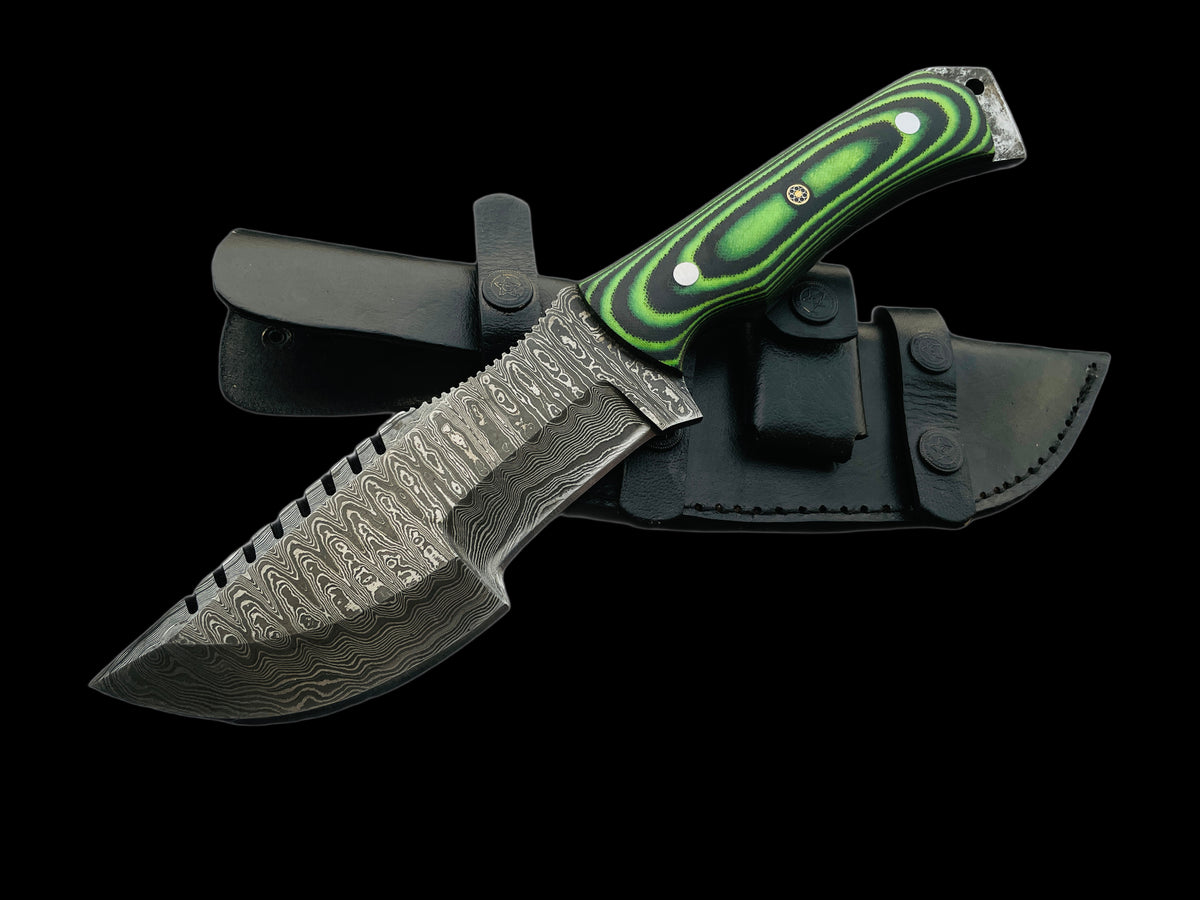 Handmade Damascus Green Tracker with Leather Sheath | Camping Tracker | Gift For him | Hunting Gear | Tom Brown knife | Full Tang | Antique Knife