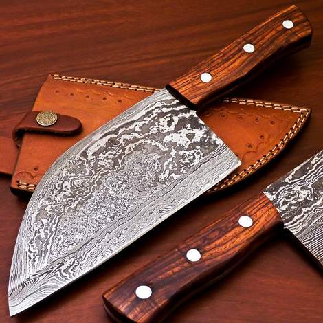 Custom Handmade Damascus Steel Chef Cleaver with Leather Sheath