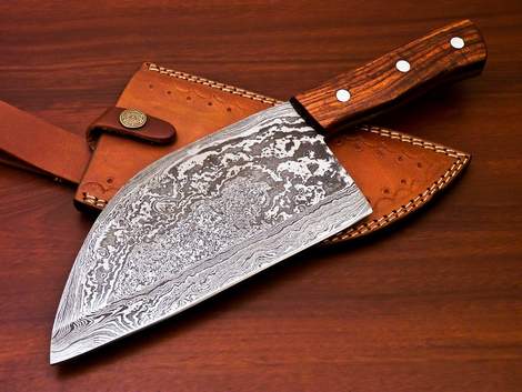 Custom Handmade Damascus Steel Chef Cleaver with Leather Sheath